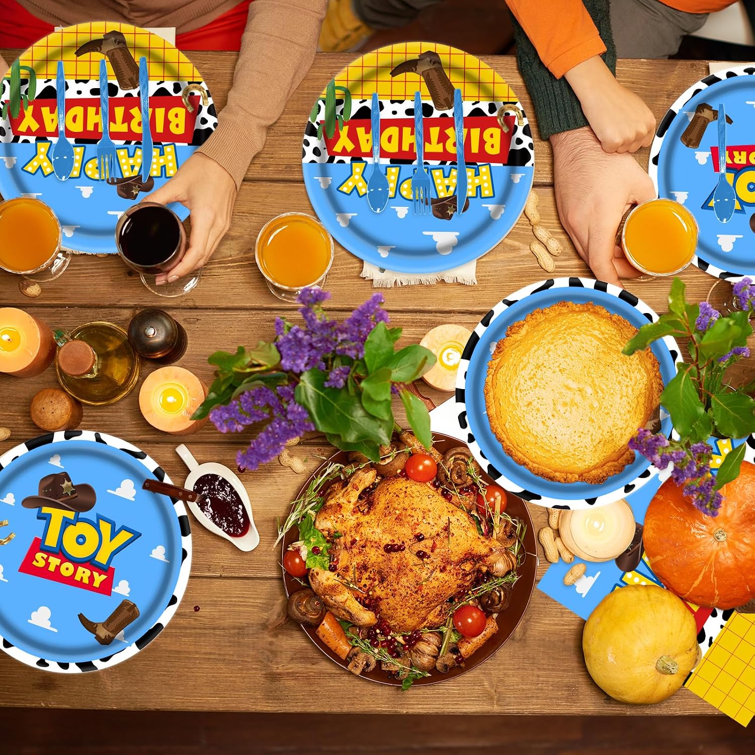 142Pcs Toy Birthday Party Supplies Include Paper Plates Napkins Cups Banner Tablecloth for Toy Birthday Party Decorations Disposable Tableware Set for Kids Serve 20 Guests
