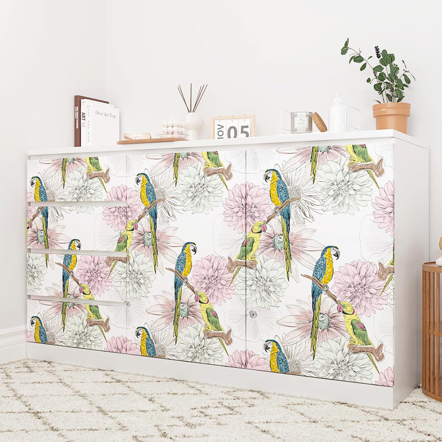 Pink Floral Wallpaper Peel and Stick Bird Wallpaper Vintage Blue/Green Parrot Contact Paper Chinoiserie Self Adhesive Contact Paper for Walls Bedroom Cabinets Renter Friendly 17.5"x102"