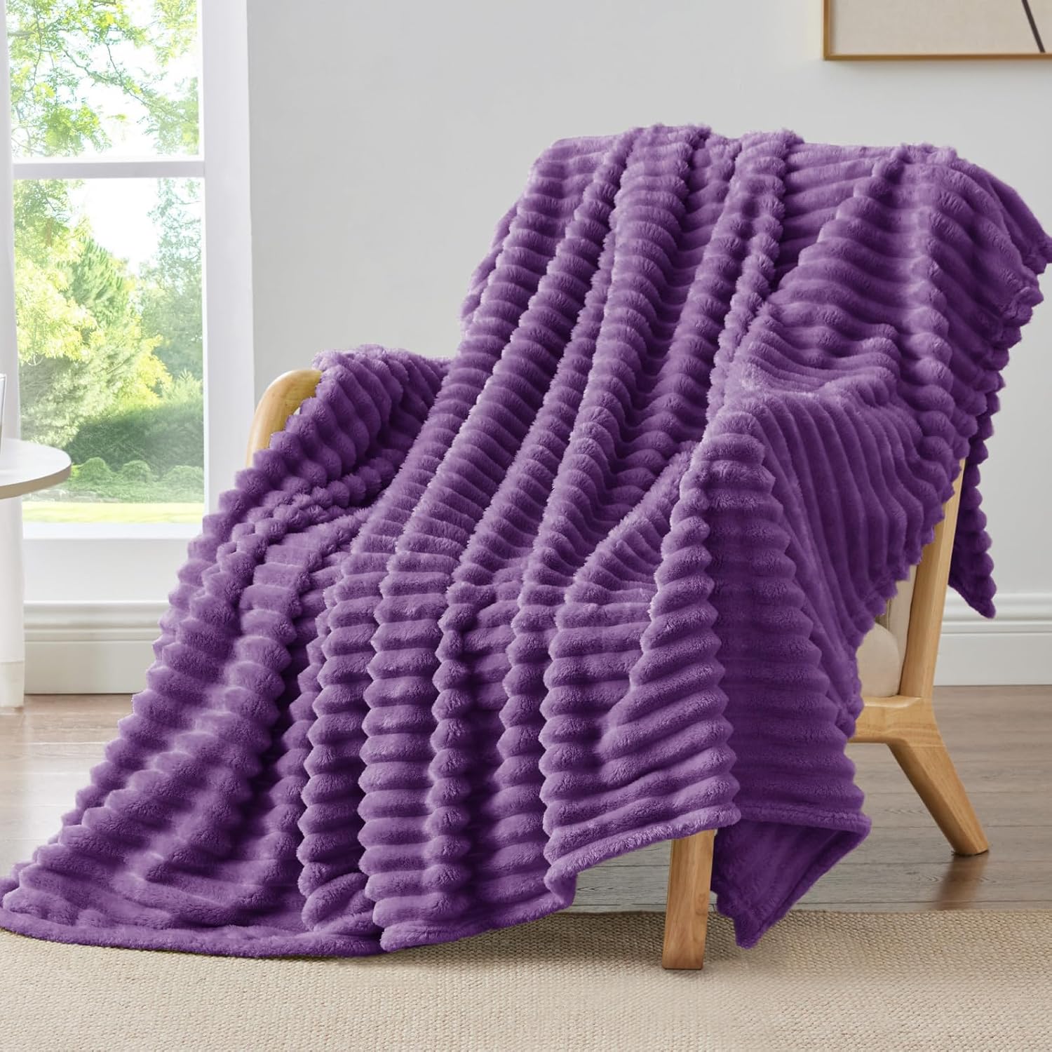 bedelite fleece throw blanket for couch - 300gsm soft & warm fluffy purple blanket, decorative and giftable striped blankets for women, men, 50"x60" purple throw(50"x60")