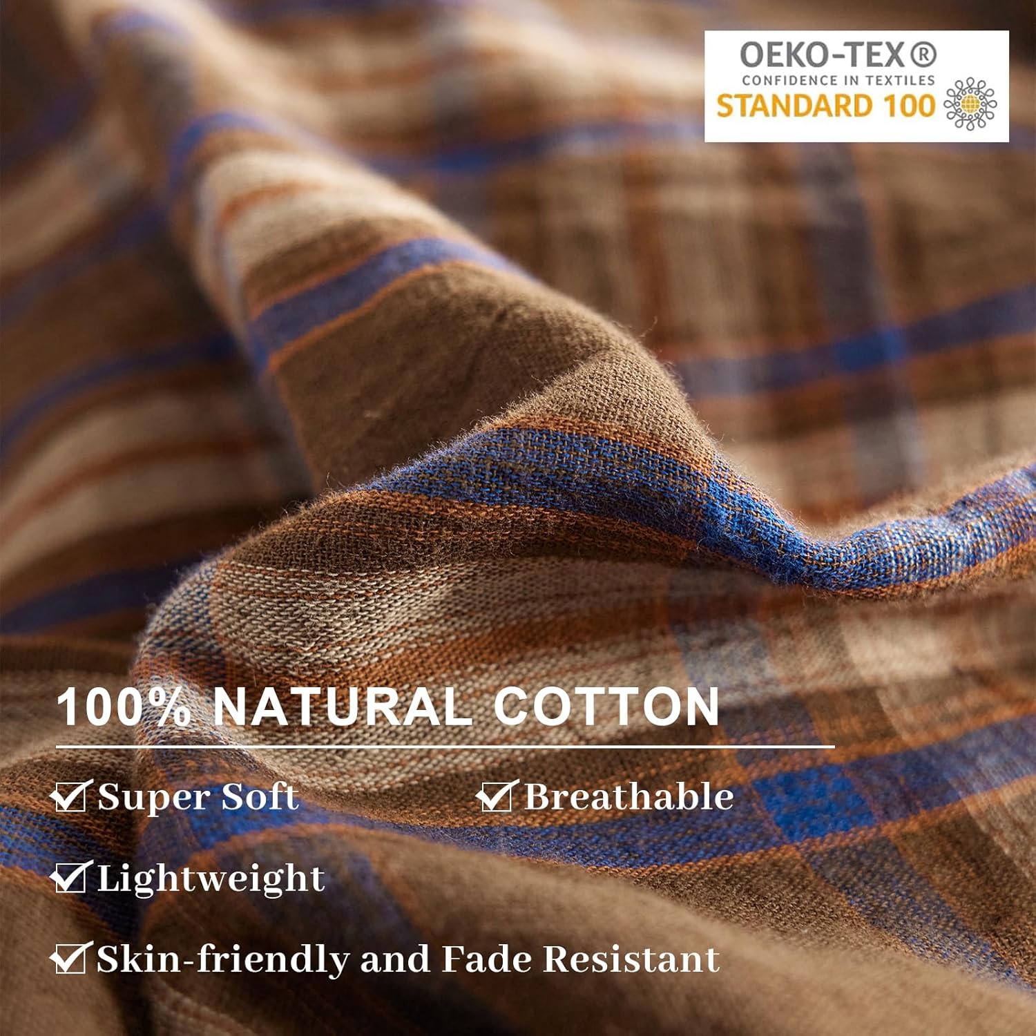 EAVD Vintage Style Brown&Blue Buffalo Plaid Duvet Cover Set Queen Soft 100% Cotton Muslin Blue Brown Grid Gingham Bedding Set with 2 Pillowcases Farmhouse Gingham Duvet Cover with Zipper Closure