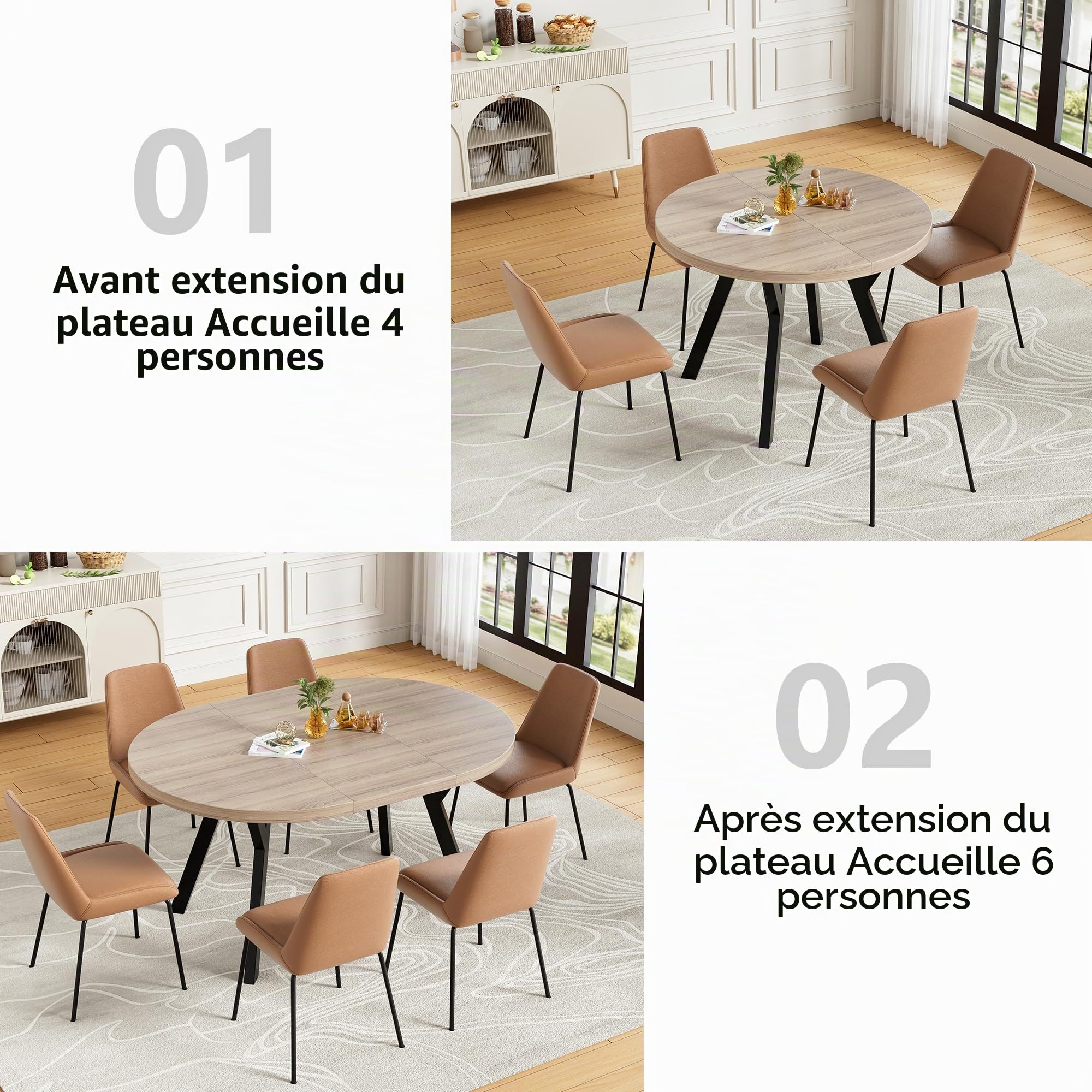 MSFE Table à Manger Extensible Table Ronde per 4-6 Personnes Con Pied Araignée Convient aux Salles à Manger et aux Cuisines, Bois et Noir 100-140 cm