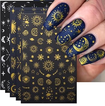 IDDFEVE 8 Sheets Gold Sun Nail Art Stickers - Sliver Moon Star Self-Adhesive 3D Nail Decals for DIY Golden Slivery Manicure