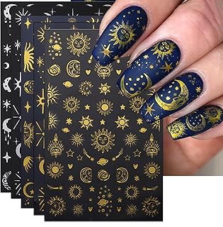 8 Sheets Gold Sun Nail Art Stickers - Sliver Moon Star Self-Adhesive 3D Nail Decals for DIY Golden Slivery Manicure