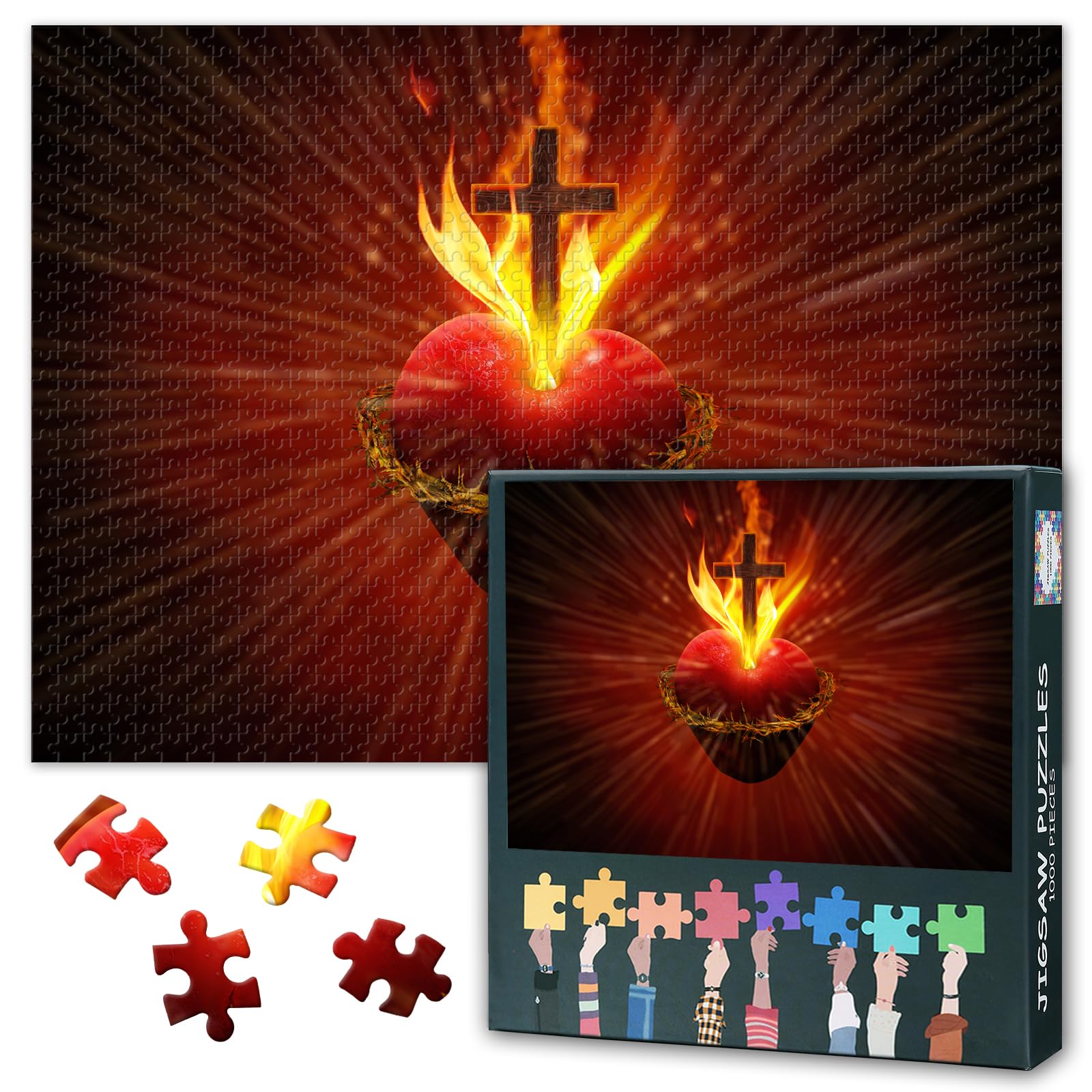 1000 Piece Jigsaw Puzzle for Adults Catholic Wall Art Sacred Heart of Jesus with Radiant Light Rays Inspirational Religious Decor for Home Chapel Large Size 27.5x19.7 Inch