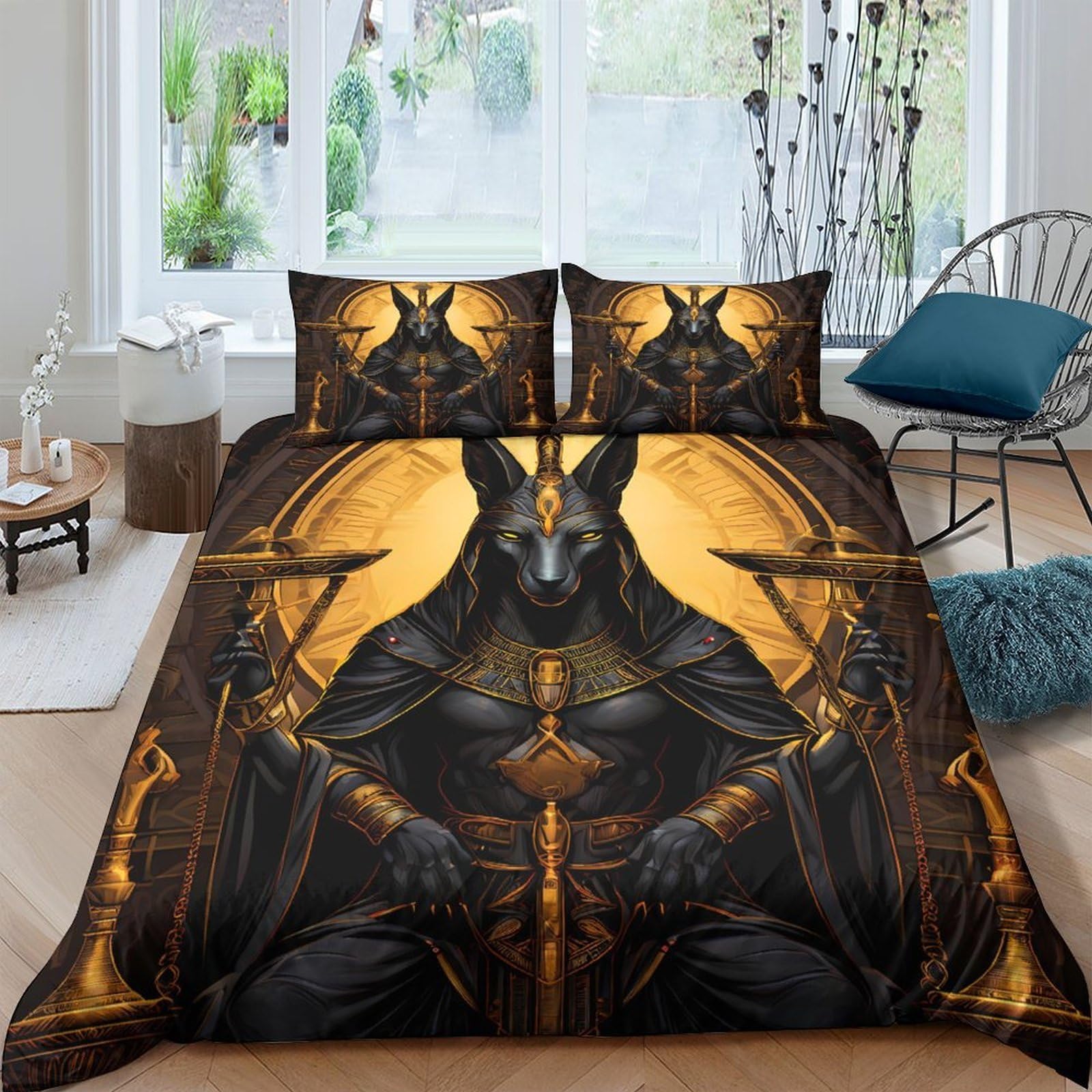 Ctjqhvkz Style-7 3D Printed Egyptian Anubis Fitted Sheet Microfiber Black Gold Bed Cover For Bedroom Guest Room Decor Mattress Protection Single（135X200cm）