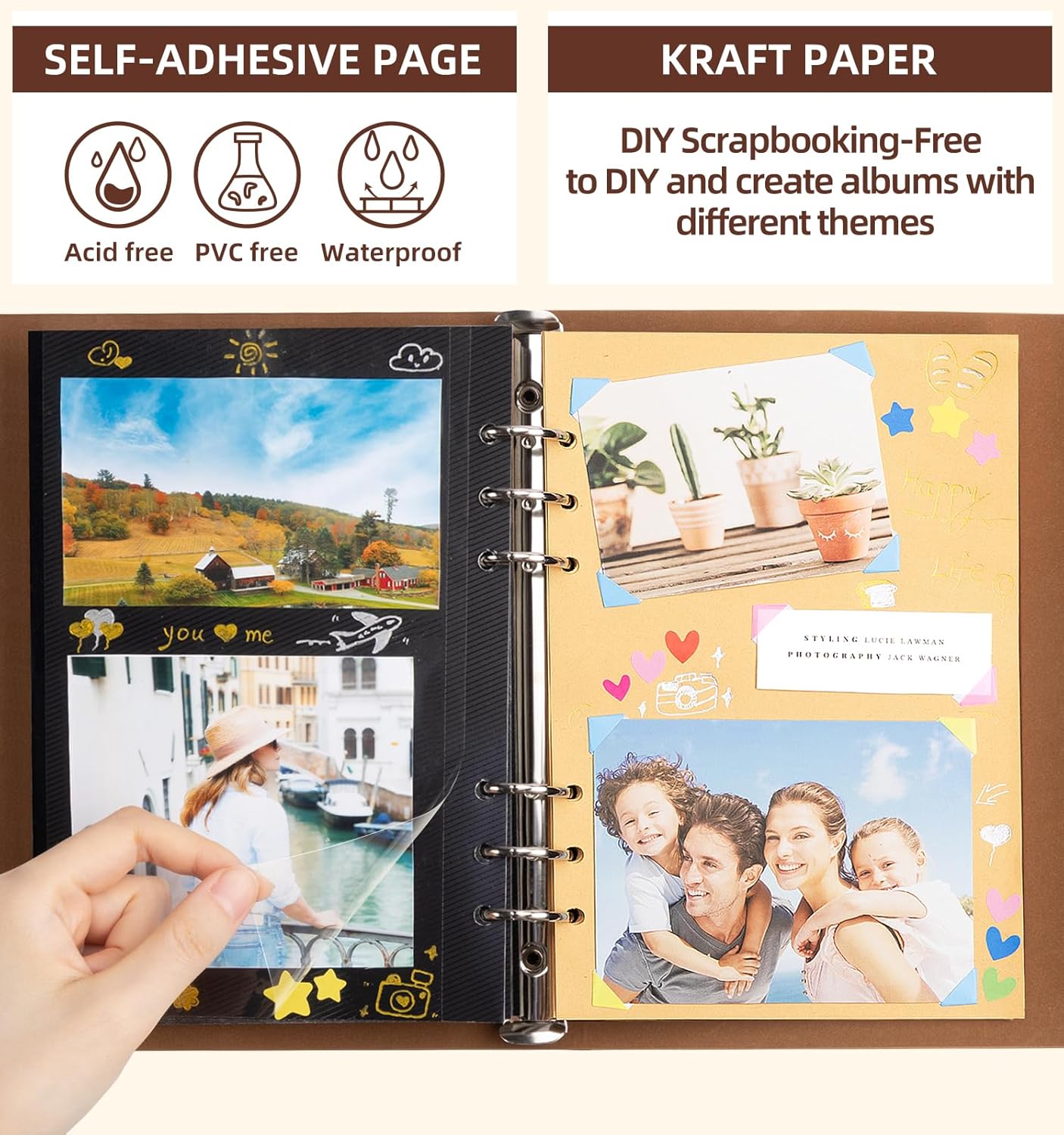 Scrapbook Photo Album 100 Pages, 60 Page Self Adhesive+40 Page Kraft Paper DIY Photo Book for 2x3 3x5 4x6 5x7 Pictures, Leather Memory Book for Wedding Baby Family Travel Birthday Christmas - Image 4
