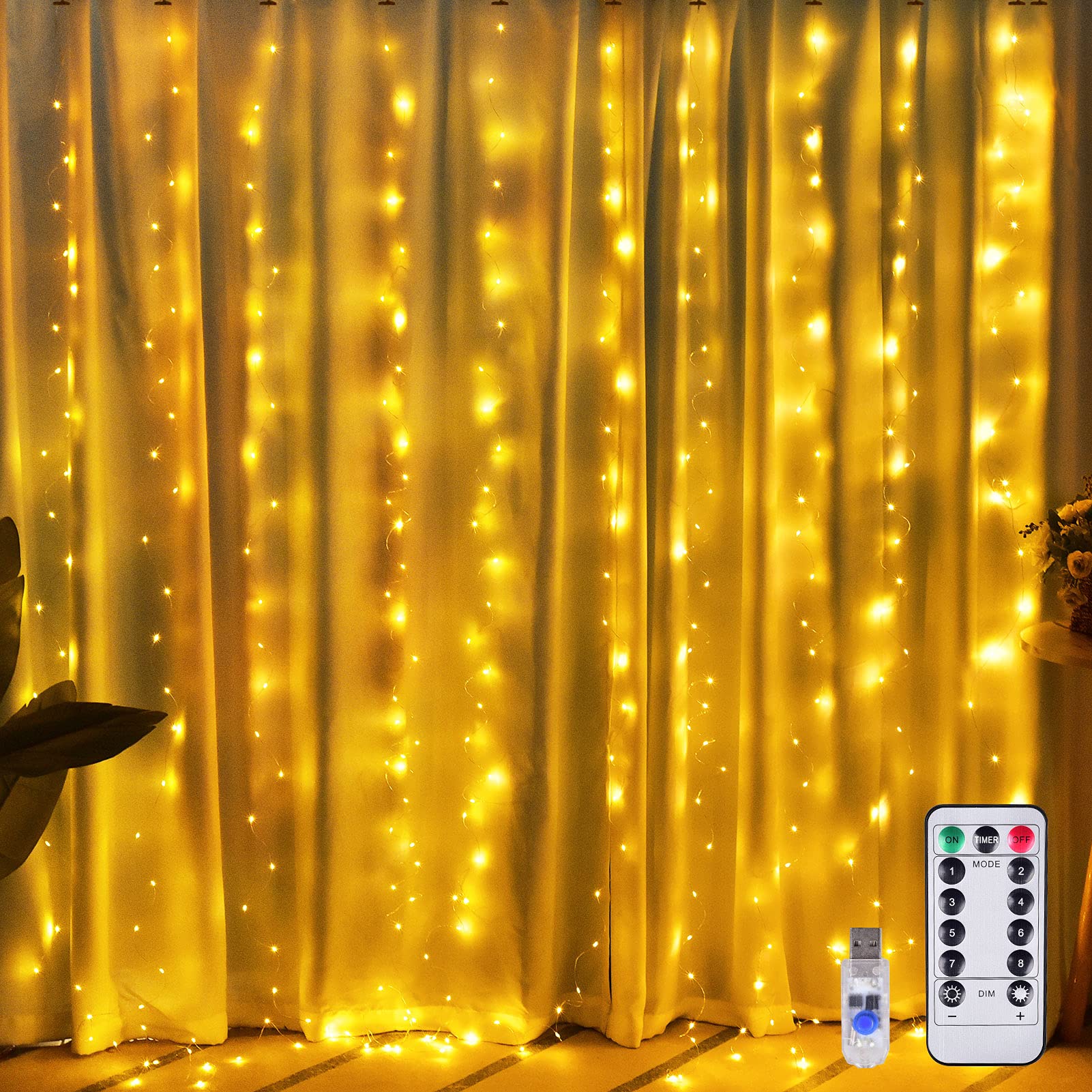 MYAL Curtain Lights with Remote Control and 8-Lighting Modes, 8.4’×9.8’ 300-LED USB Powered Curtain String Lights for Bedroom Party Hotel Christmas Wedding Halloween Decoration(Warm White)