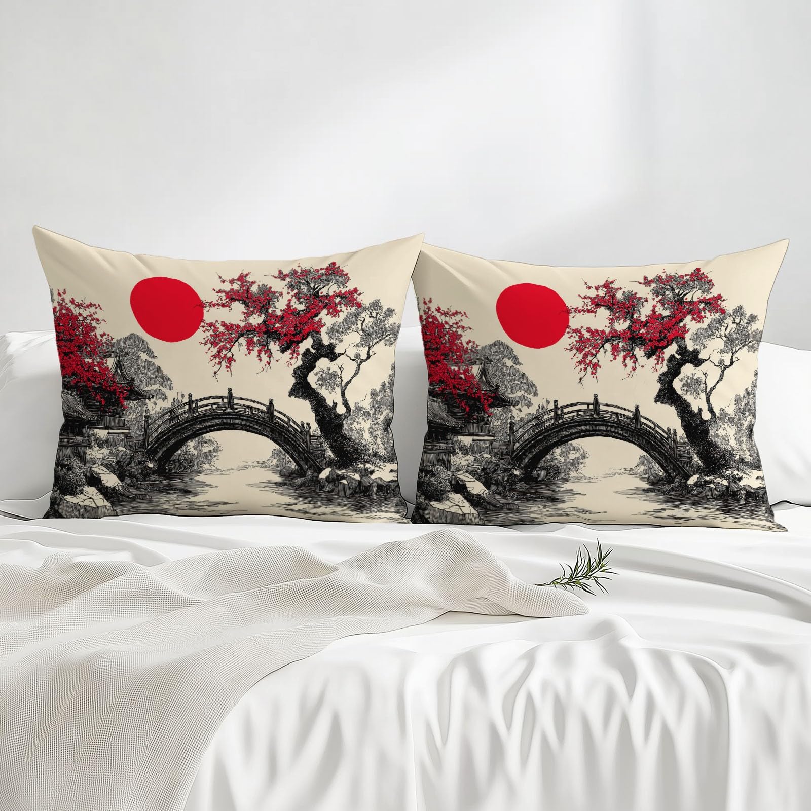 Spannbettlaken Schwarz Creme 140 x 200, Japanischer Stil Garten Brücke Spannbetttuch aus Mikrofaser, Extra Tiefe 30 cm, Weich Atmungsaktiv für Doppelbett