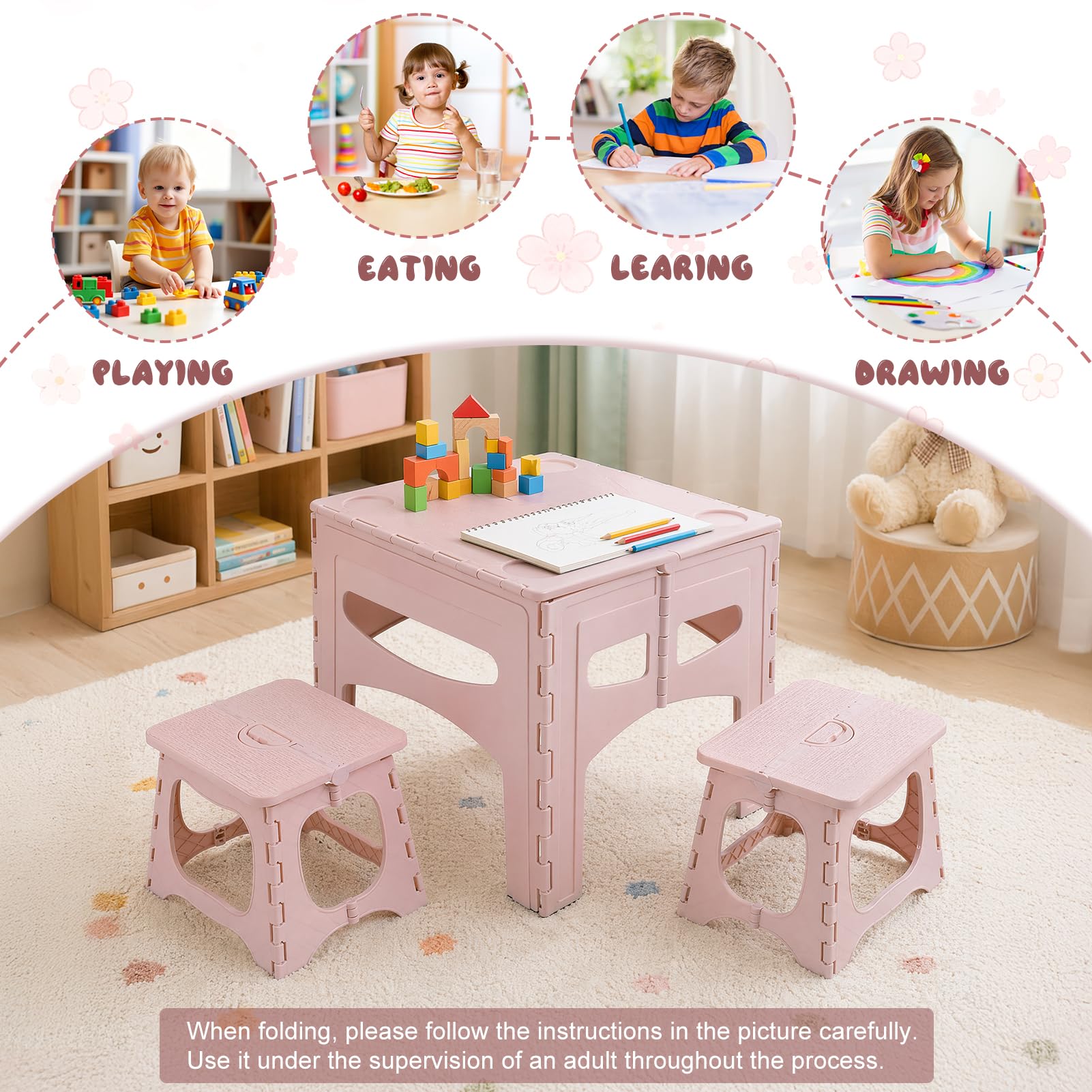 Table et 2 chaises Pliantes pour Enfant, Ensemble 3 pièces Maison et Jardin