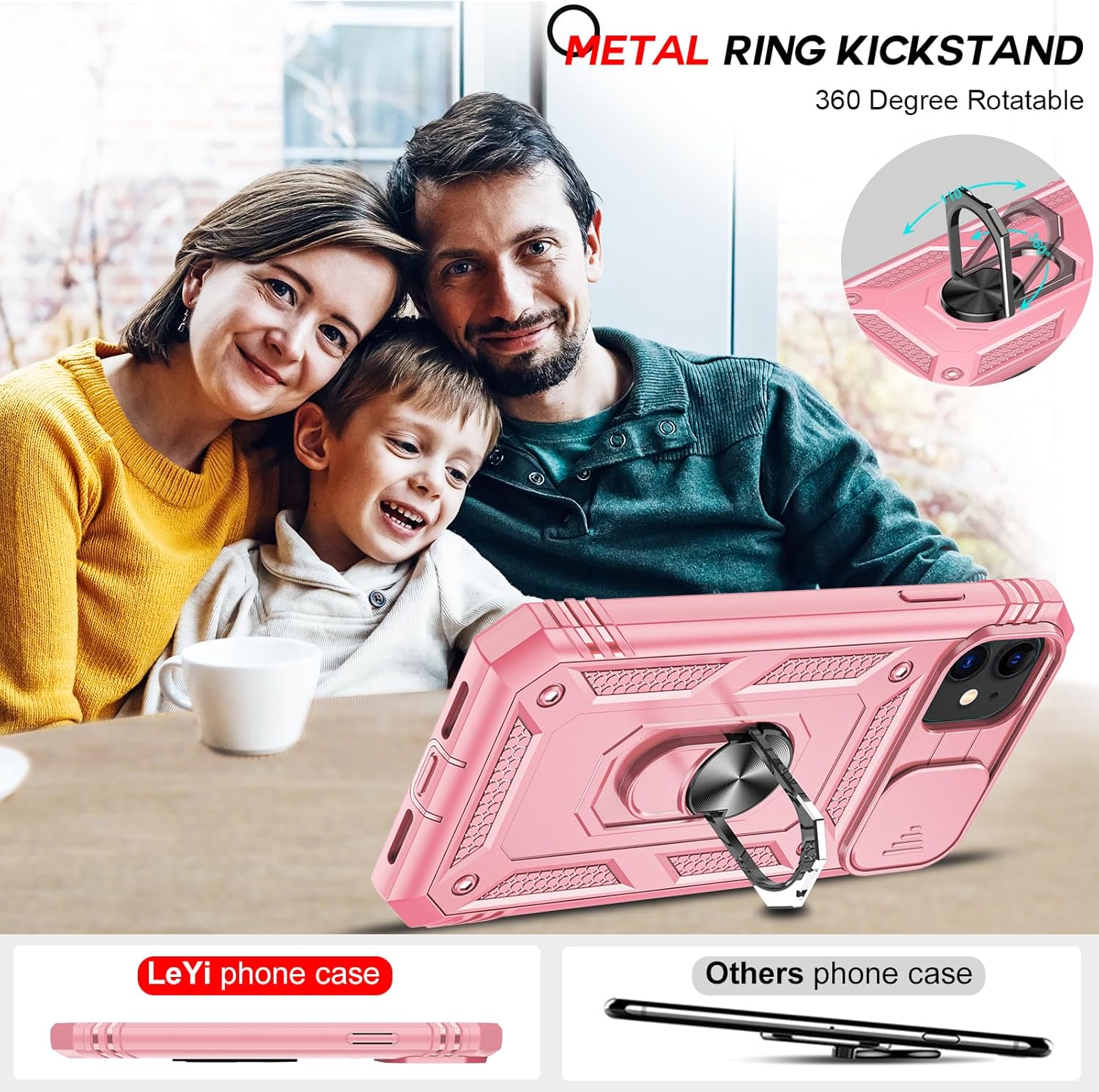 LeYi for iPhone 11 Case and 2 Tempered Glass Screen Protector with Slide Camera Cover,Ring Holder Stand Full Body Protective Heavy Duty Shockproof Hard Armour Phone Cover, Pink 8