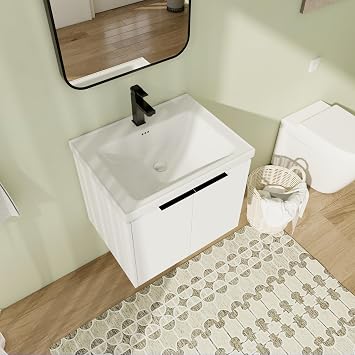 24" Bathroom Vanity with Sink, 24 Inch Floating Bathroom Vanity for Small Space, Modern Bathroom Vanity,White Wall Mounted Cabinet Set 2 Doors-074