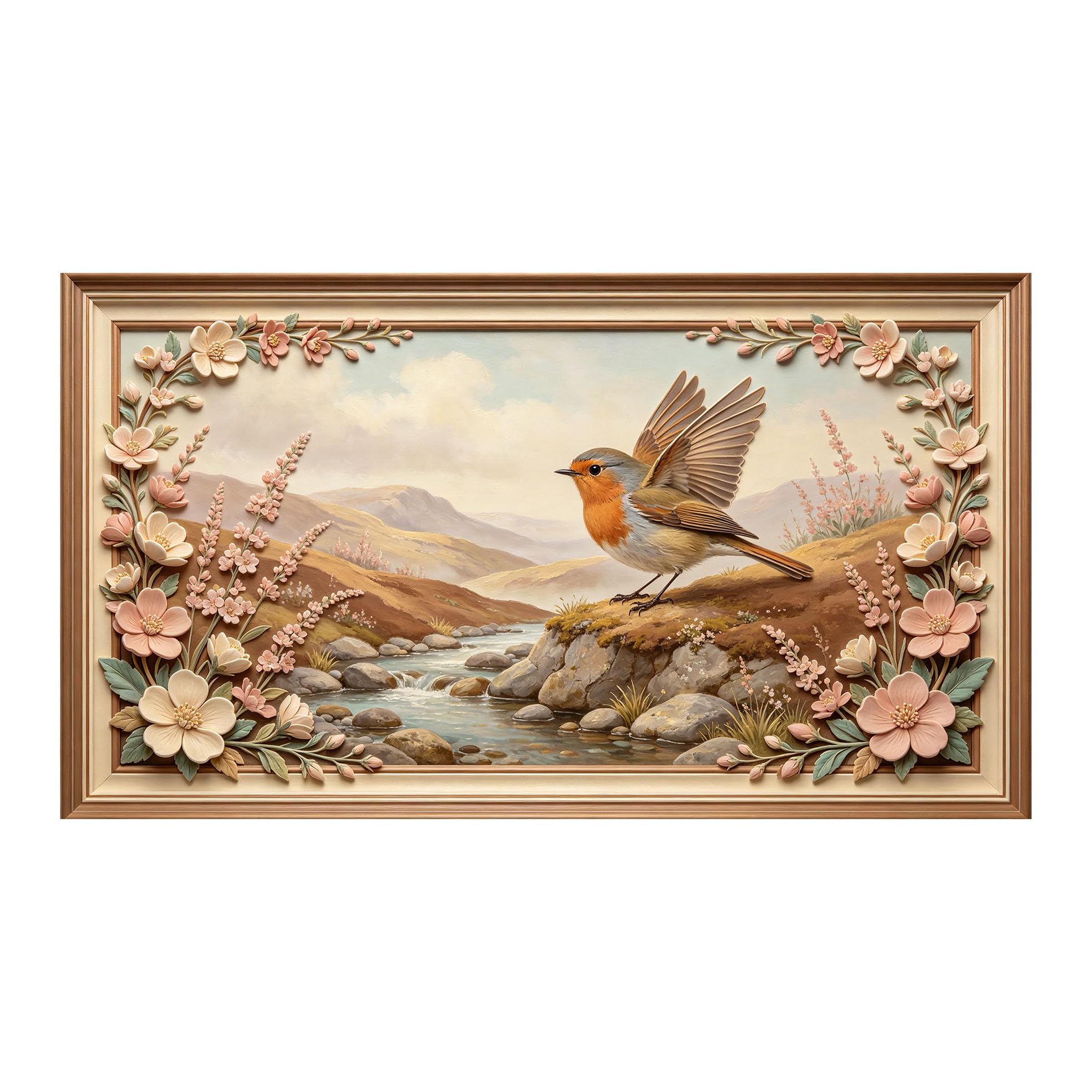 Yzpallescene 3D 3D Framed Wall Art 50cm×90cm Spring Meadow Bird Floral Landscape Oil Painting Large Size SelfAdhesive Removable Wall Decor Prints Artwork for Living Room Bedroom Office