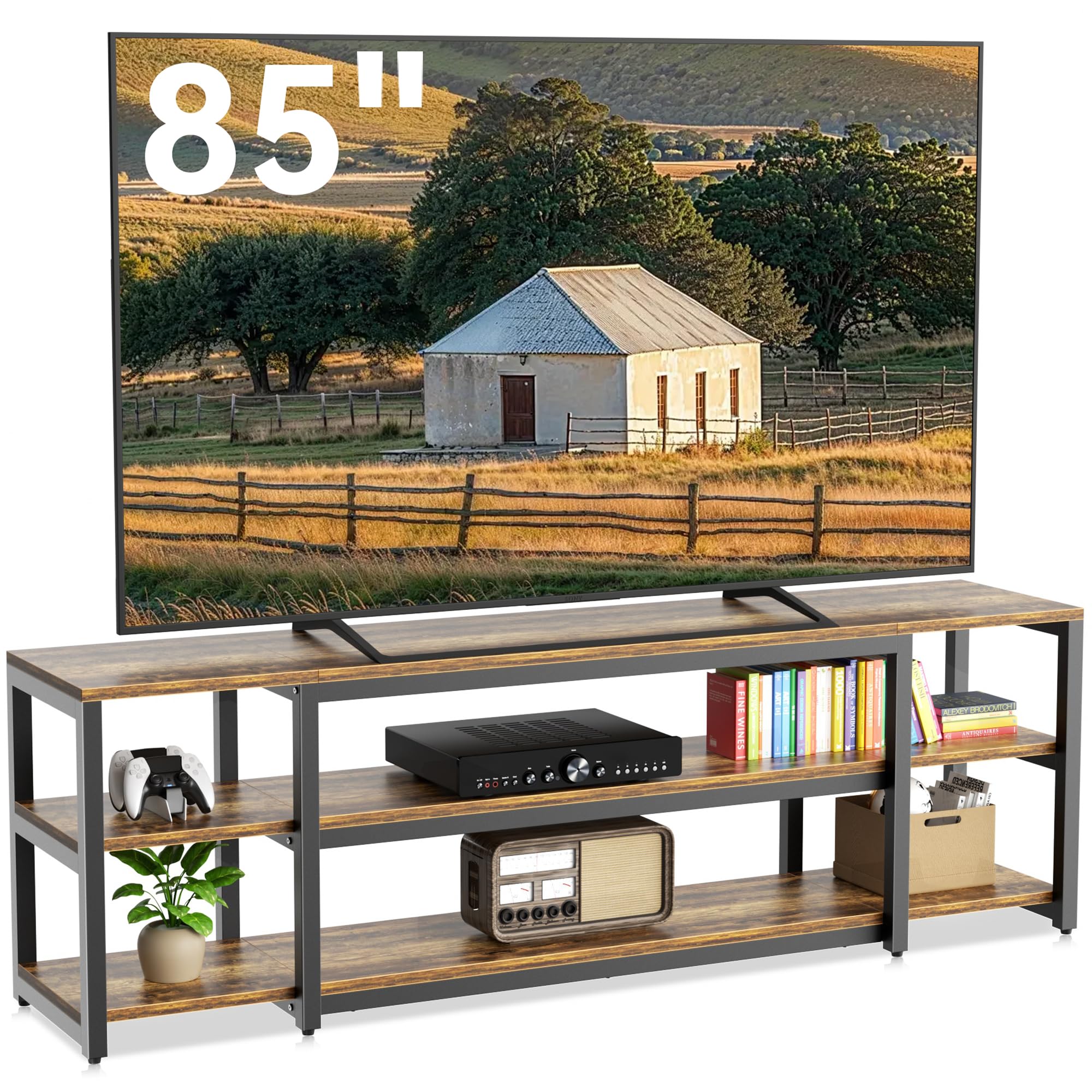 Aquzee Lowboard, 191 cm Lang TV Schrank, Großer Fernsehschrank für 60-85 Zoll TVs, Fernsehtisch TV Board, Holz und Metall, 3-stöckiger Stauraum Regal Cabinet für Wohnzimmer