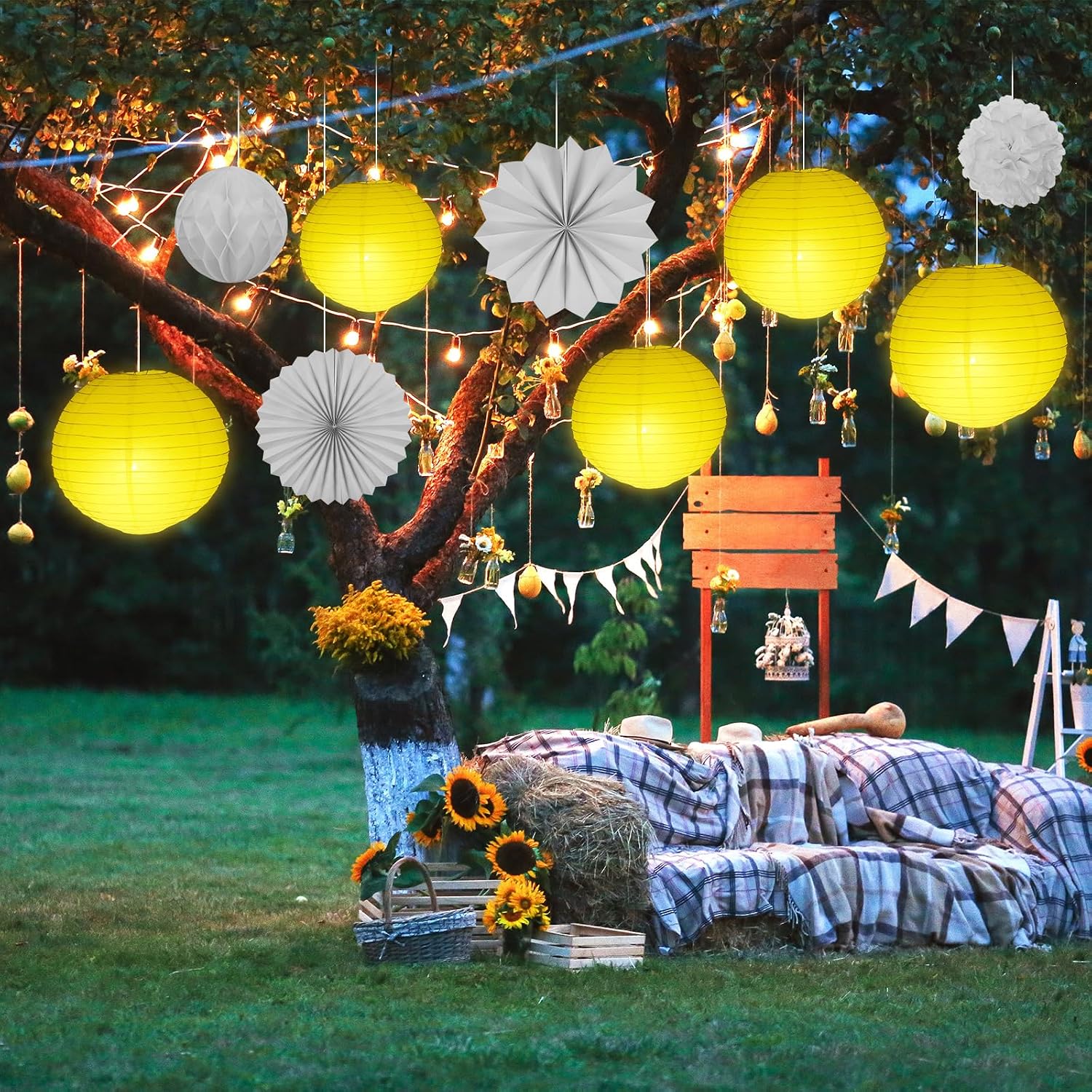 Rossesay 30 Pcs White Wedding Party Decorations Hanging White Paper Lantern Fans Honeycomb Balls Hanging Tissue Pom Poms Flowers with LED Lights for Bridal Shower Engagement Wedding