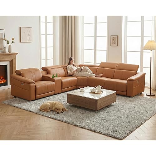 Ocstta Breathable Leather Power Recliner Sectional, Reclining Sectional Couch with Adjustable Headrest&Storage Console, 5 Seat L Shaped Recliner Sofa for Living Room (Oragne)