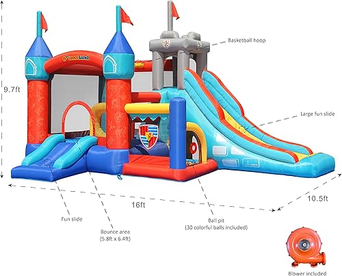 Miniatura 5 de Bounceland Castillo de rebote medieval con tobogán y hoyo de bolas, aro de baloncesto y juego de lanzamiento de pelota incluido, diapositiva larga y