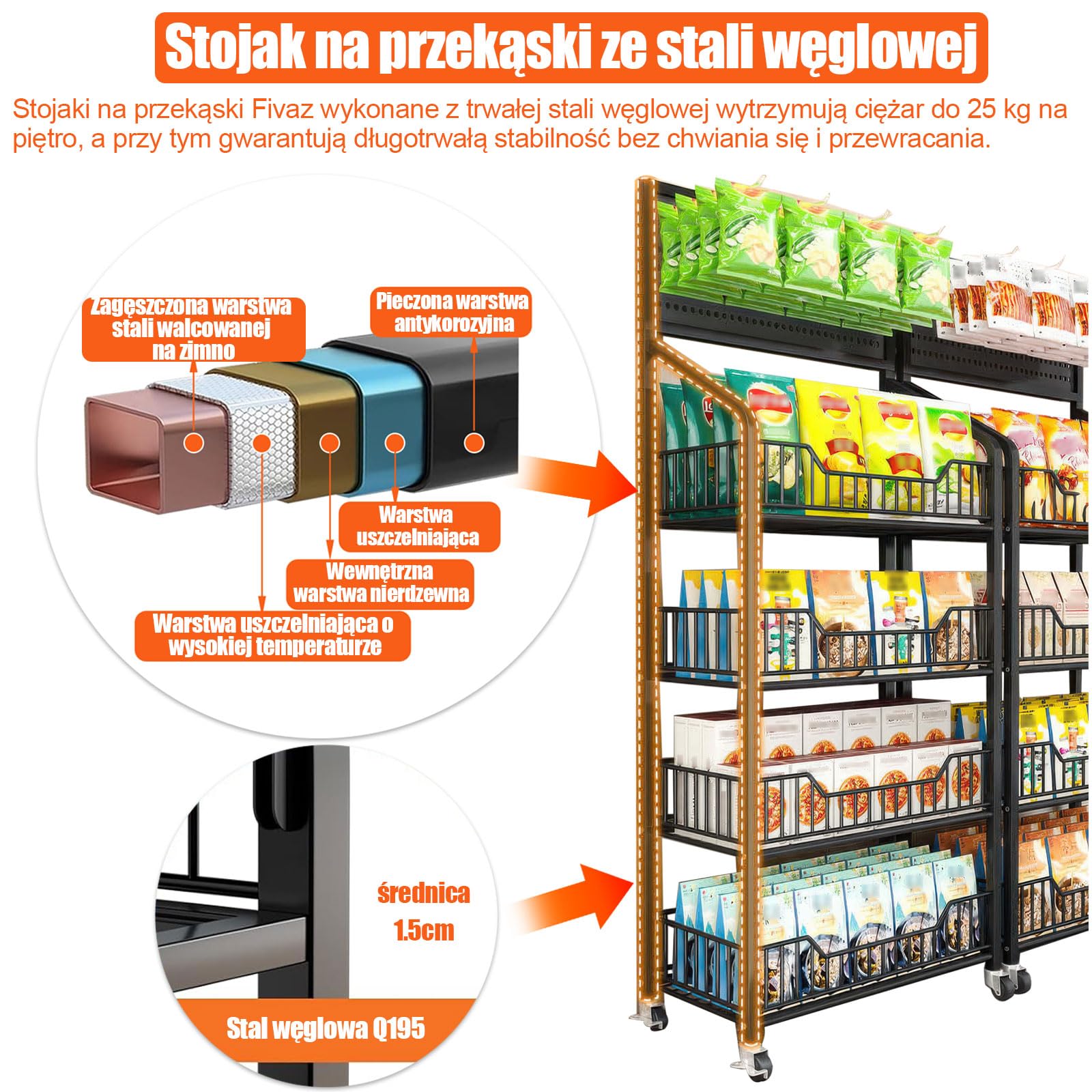 4-poziomowy stojak na przekąski do supermarketu, wolnostojący, czarny, ekspozycyjny regał sklepowy z 12 haczykami i 4 kółkami, duża metalowa półka na przekąski do sklepu
