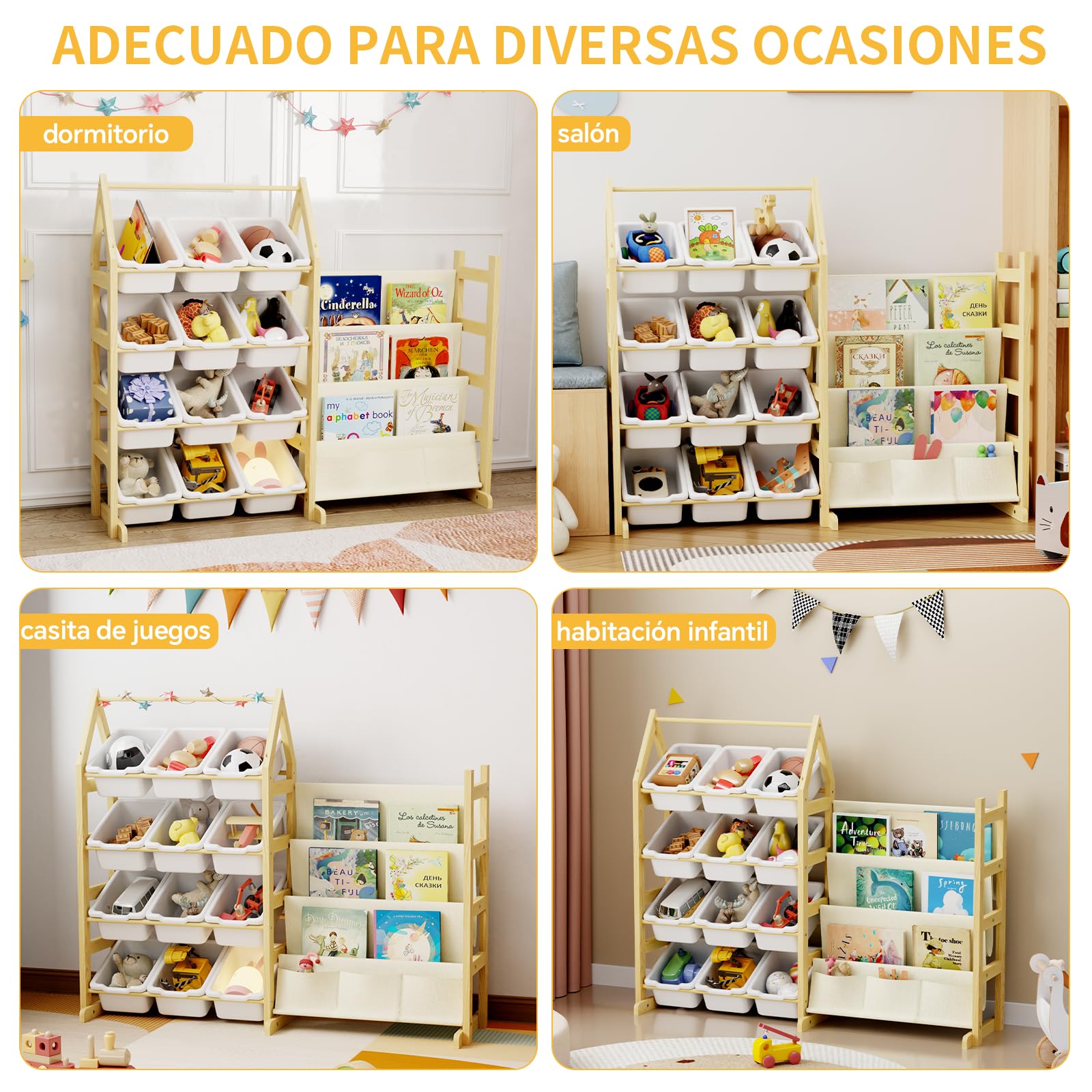 4 Niveles Organizador Juguetes Libreria Infantil Madera, con 12 Caja Almacenaje Juguetes, Mueble Juguetes Estanteria Libros Infantil Montessori, para Dormitorio, Habitación Niños, Sala Juego