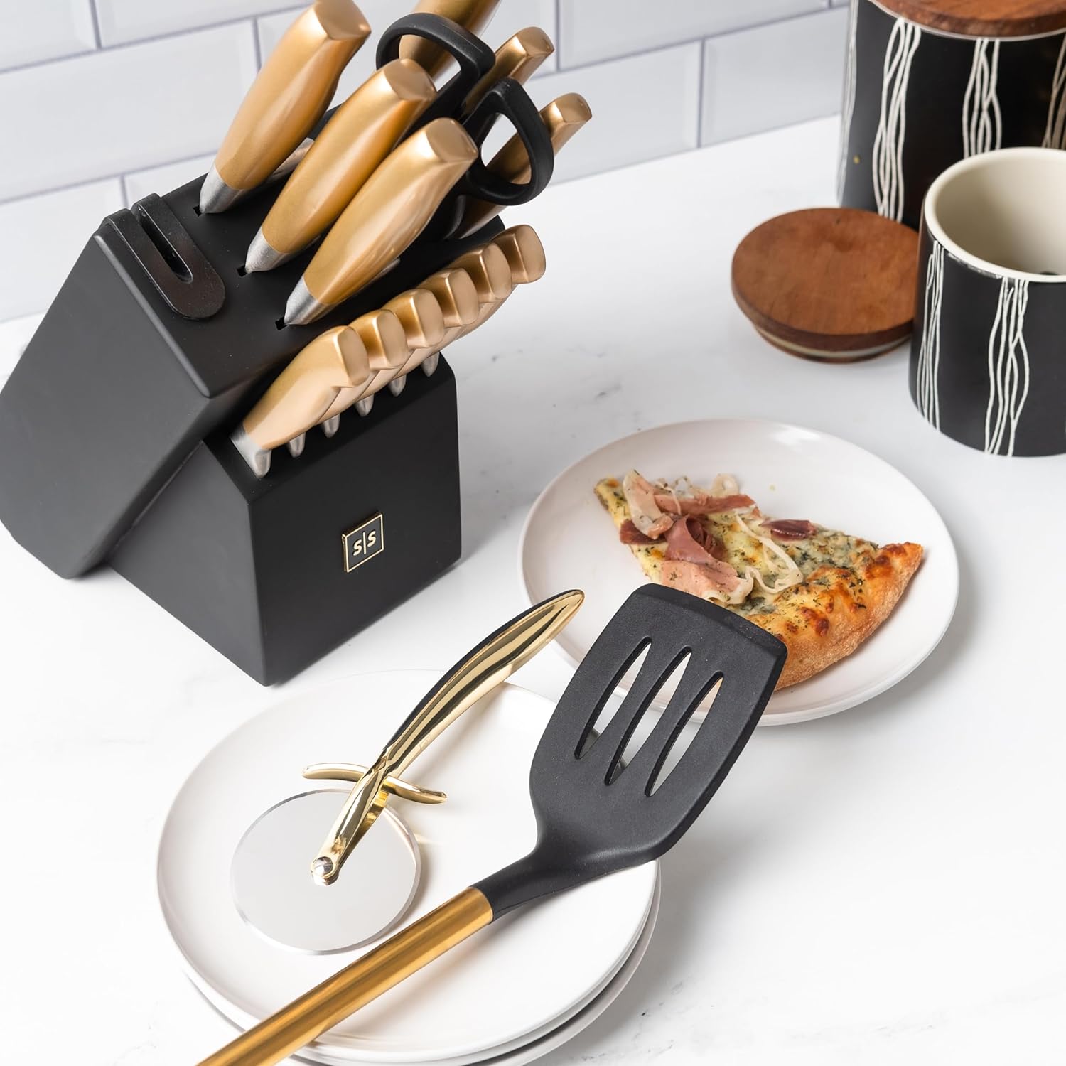 Black and Gold Knife Set with Block, Kitchen Utensils, Utensil Holder, and Measuring Cups & Spoons Set – Black & Gold Kitchen Gadget and Tools Set