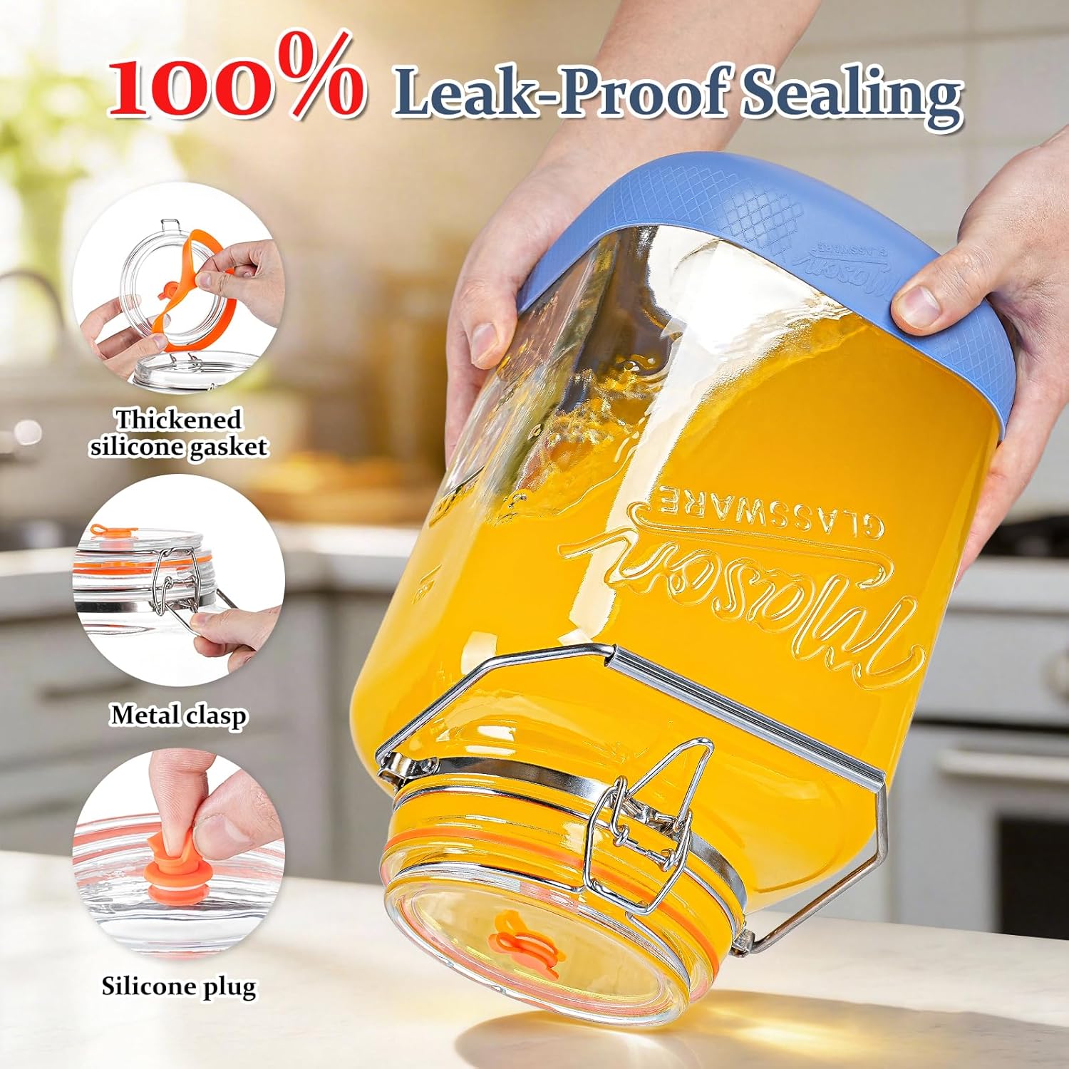 2 Pack 1.5 Gallon Large Fermentation Jar with 3 Airlock, Stainless Steel Handle, Non-Slip Silicone Base, Wide Mouth Glass Jars with Scale Mark - Pickle Jars for Sauerkraut, Sourdough Starter