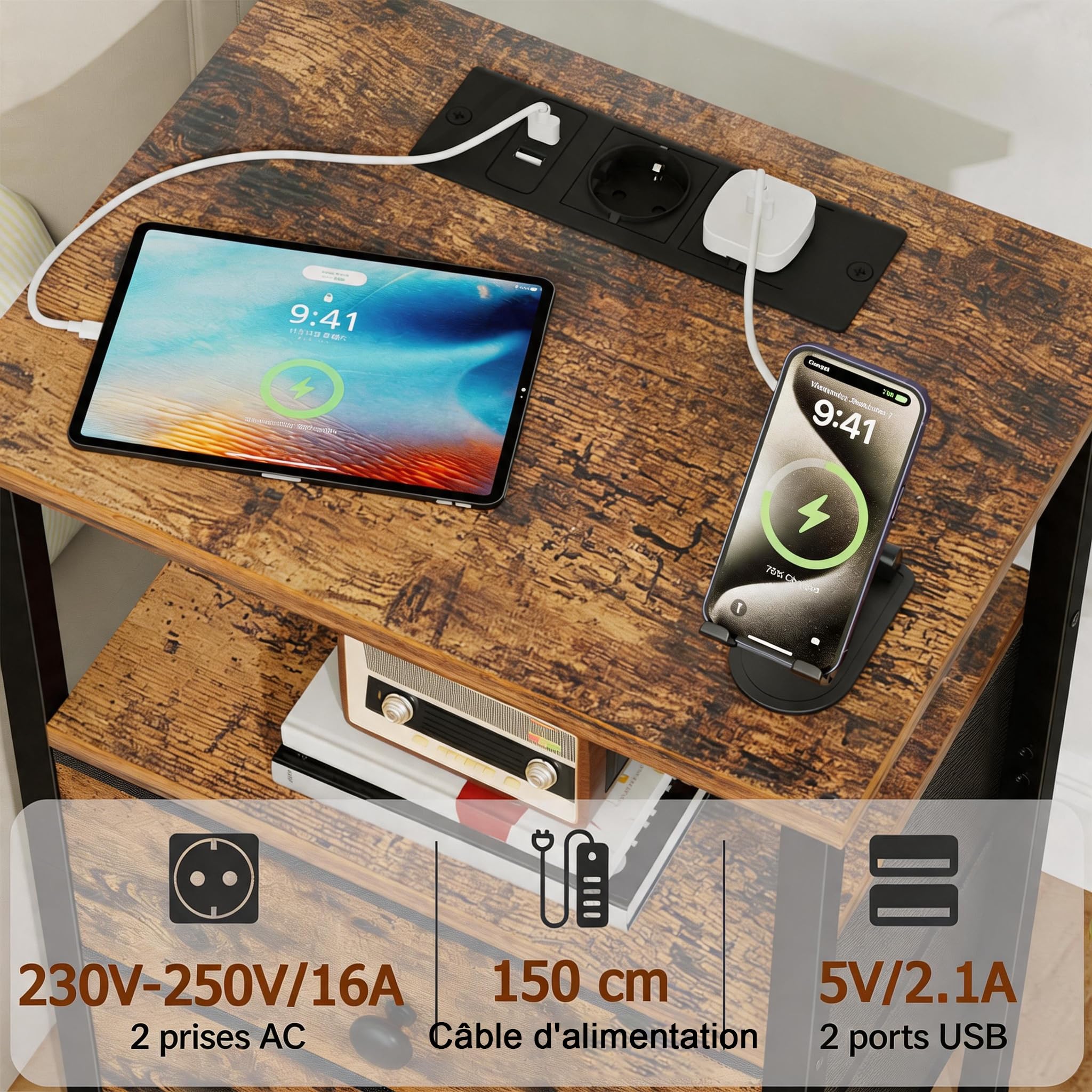 AMHANCIBLE Tables de Chevet avec Prises, Tables de Nuit avec 2 Tiroirs de Rangement en Tissu, Table d’Appoint Industrielle avec Prises USB pour Chambre à Coucher, Salon, Marron HETS020BR-1