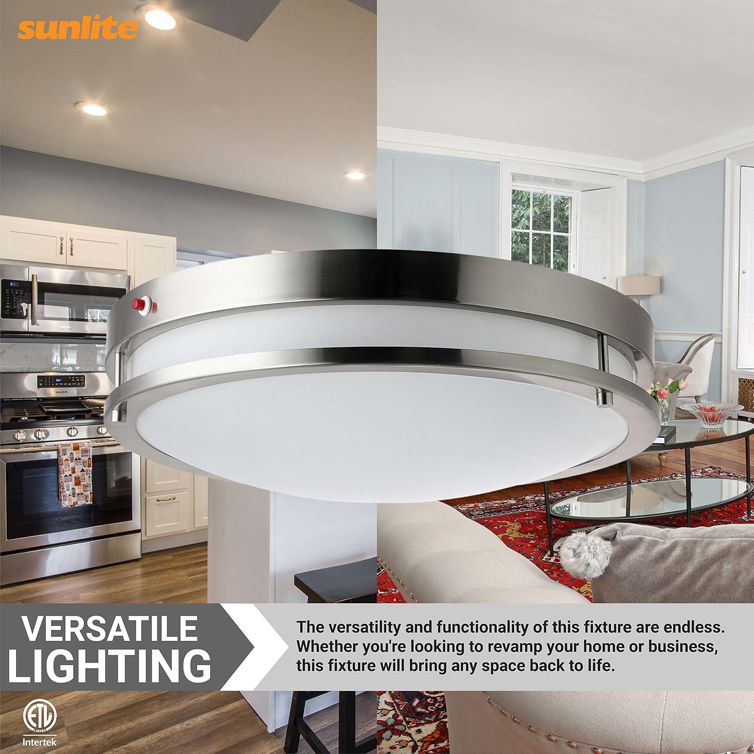 Sunlite 87780 LED 14 Inch Dual Band Ceiling Flush Mount, Emergency 90-Min Battery Back-Up, 21 Watts, 1500 Lumens, Adjustable 3 CCT 3000K-5000K, Dimmable, 50,000 Hour Lifespan, Brushed Nickel