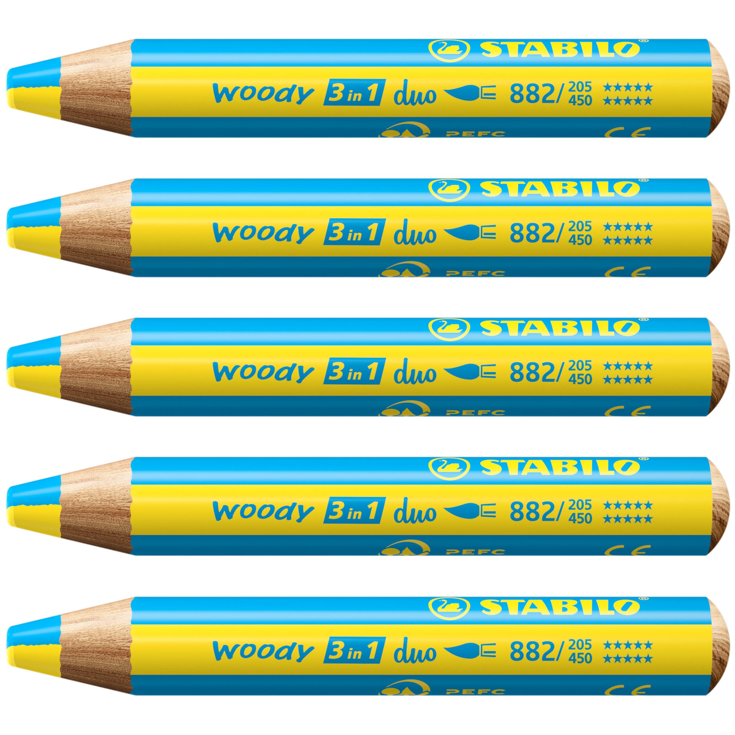 STABILO woody 3-in-1 duo - Multi-Talented Pencil - Pack of 5 - Yellow/Cyan Blue, 1 count (Pack of 5)