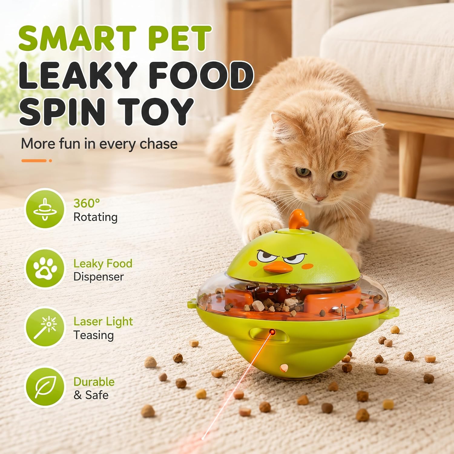 Interactive Cat Toy for Cats with Feather & Treat Dispenser, Lifelike Bird Songs & 360° Swing Rotation,Type-C Charging with Non-Toxic ABS,Green image 2