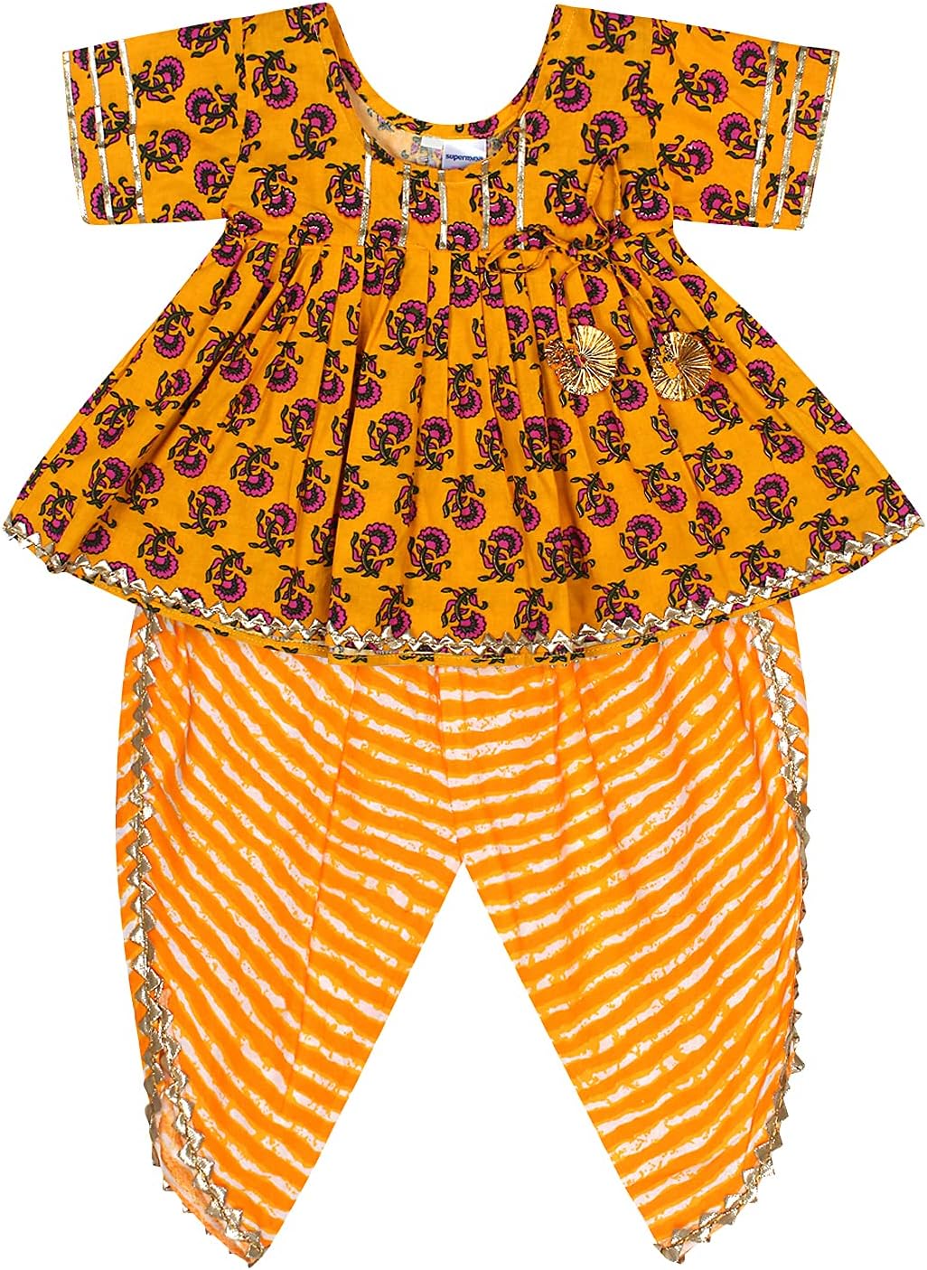 Superminis Baby Girls Jaipuri Print Frock Style Kurti with Frill Sleeves Salwar with Elastic Closure Ethnic Dress