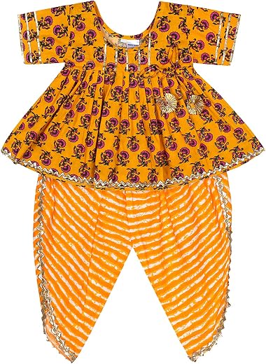 superminis Cotton Blend Baby Girl's Jaipuri Print Frock Style Kurti With Frill Sleeves And Dhoti Style Salwar With Elastic...