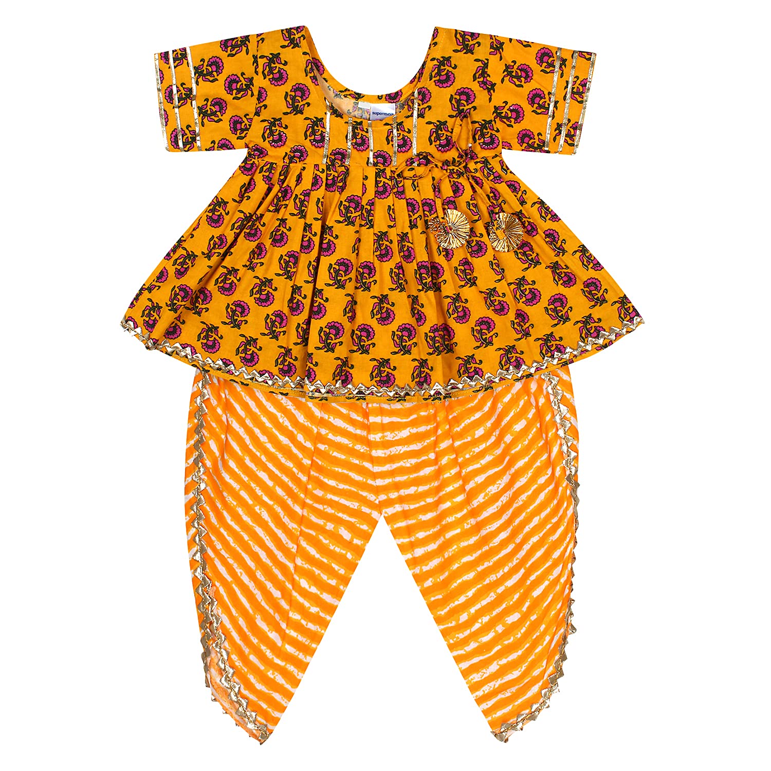 superminis Cotton Blend Baby Girl's Jaipuri Print Frock Style Kurti With Frill Sleeves And Dhoti Style Salwar With Elastic...