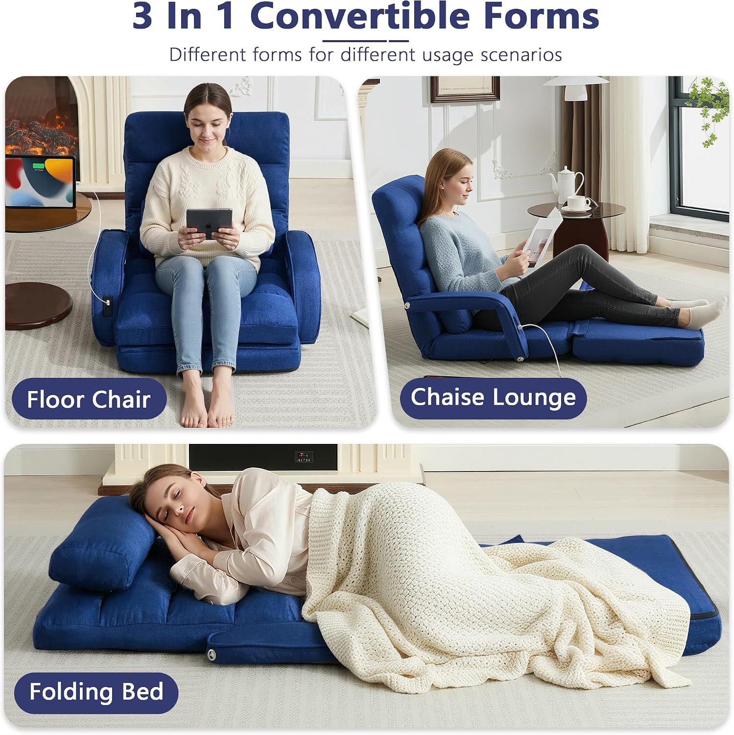 Image showing the STHOUYN floor chair with USB ports and dimensions.