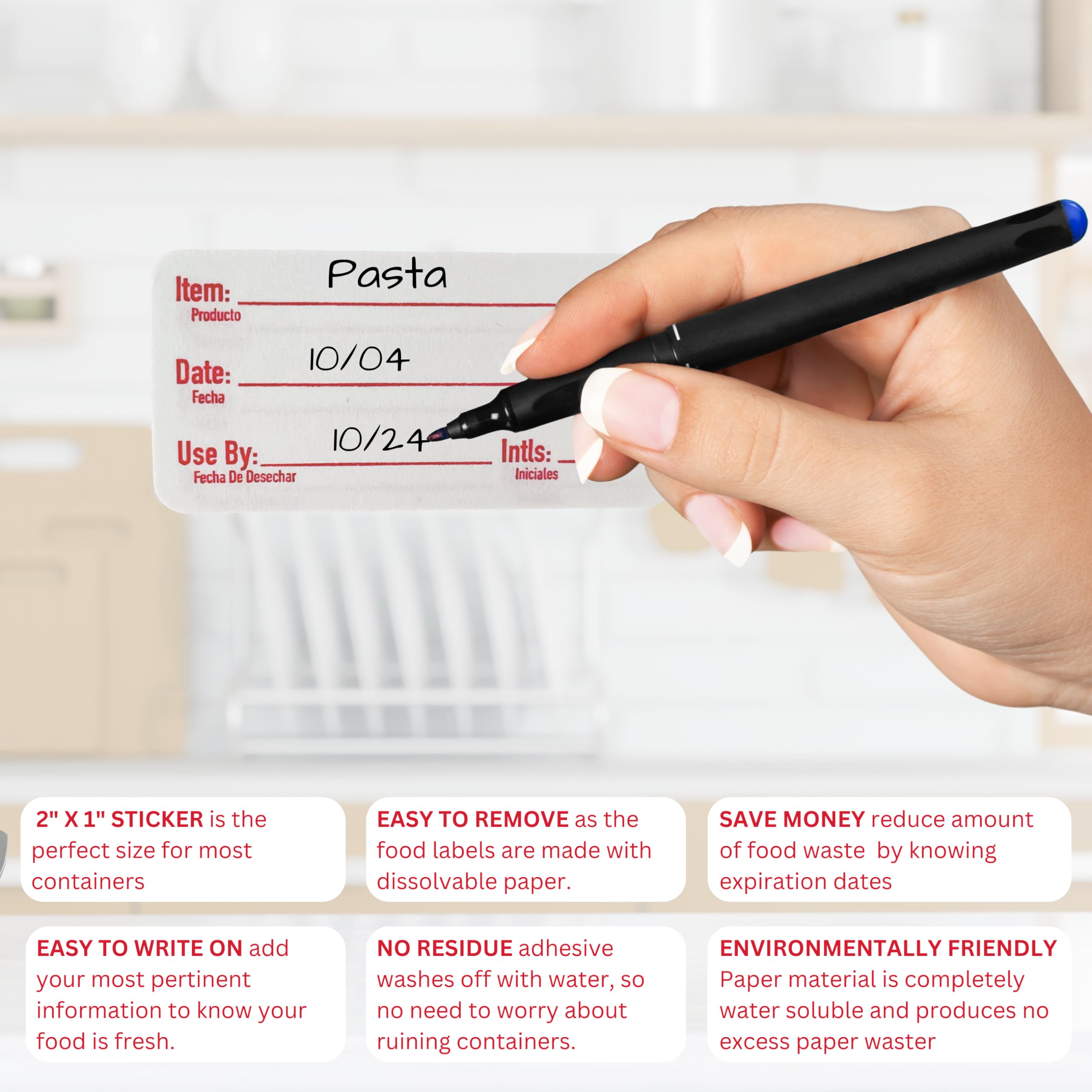 Etiquetas de alimentos solubles 2 x 1 (500 unidades, rojo) – Material para escribir, fácil extracción, suministros de restaurante, etiquetas de cocina