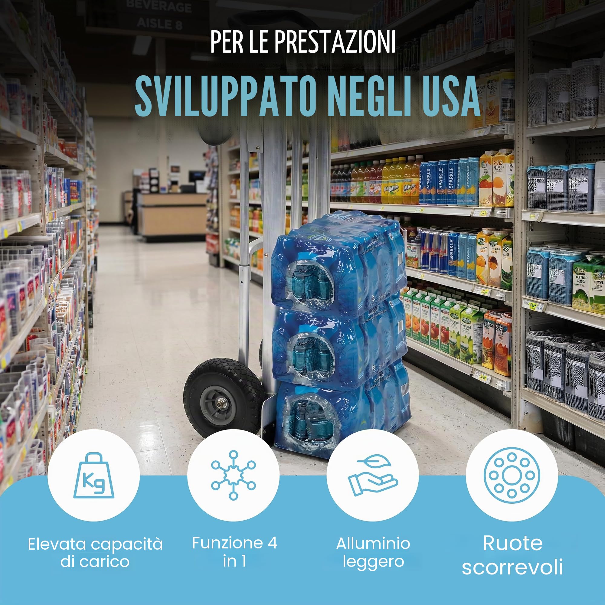 Carrello Jumbo 3 in 1, in alluminio, portata fino a 450 kg, ruote grandi, manico ergonomico, trasportabile, carriola a mano, Cosco, multifunzione,