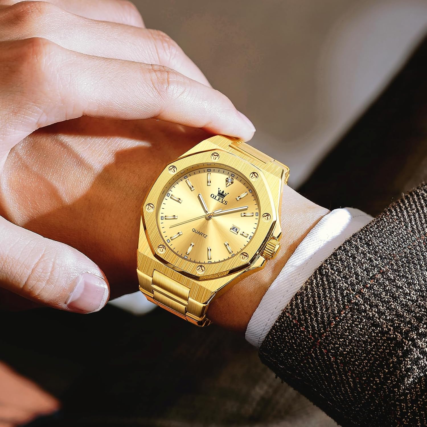 OLEVS Men's Stainless Steel Watch, Large Face Octagonal Three-Hand Analog Quartz Watches for Men, Luxury Easy to Read Calendar Date Waterproof Luminous Mens Wristwatch - Image 2