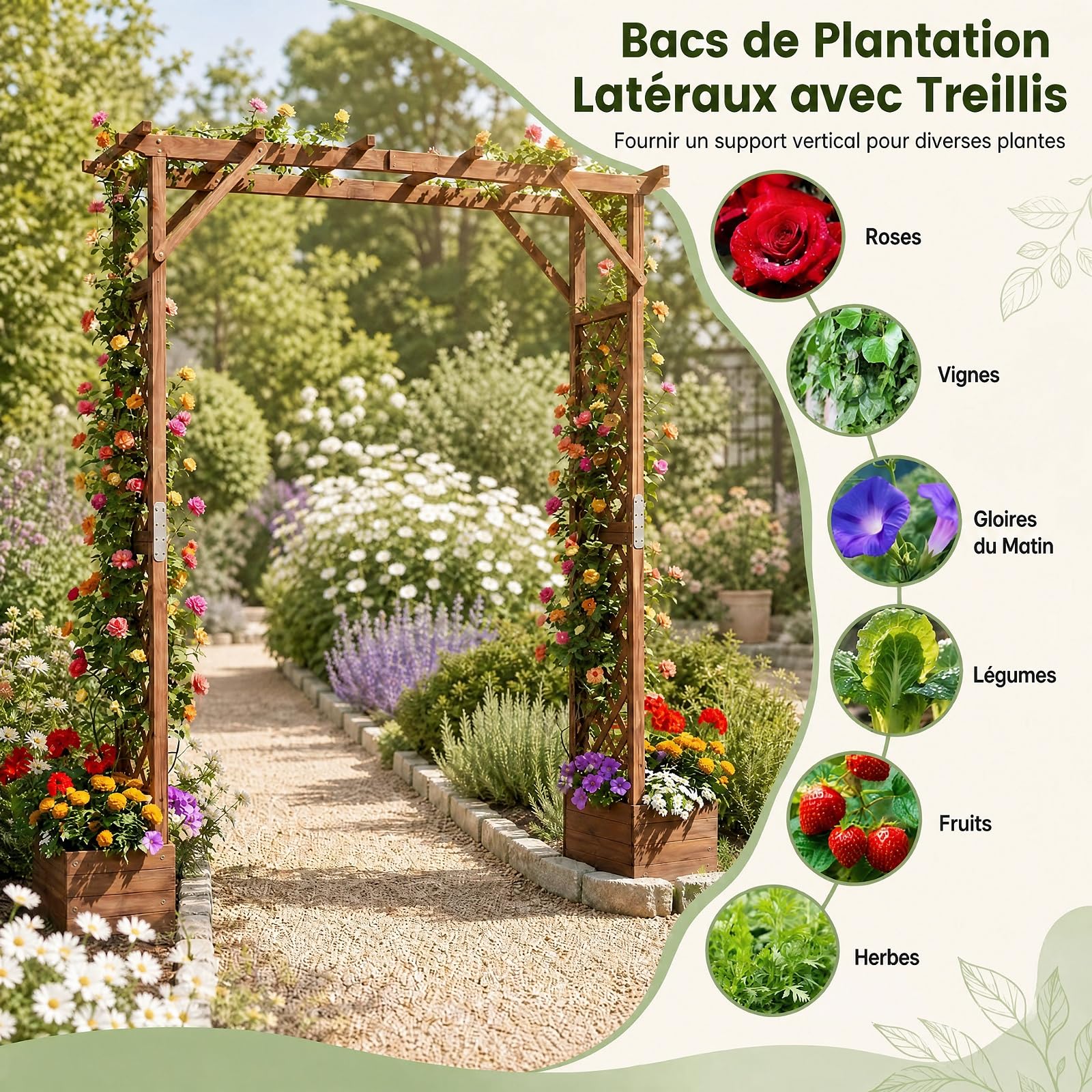 GYMAX Arche de Jardin en Bois avec 2 Bacs à Fleurs pour Plantes Grimpantes