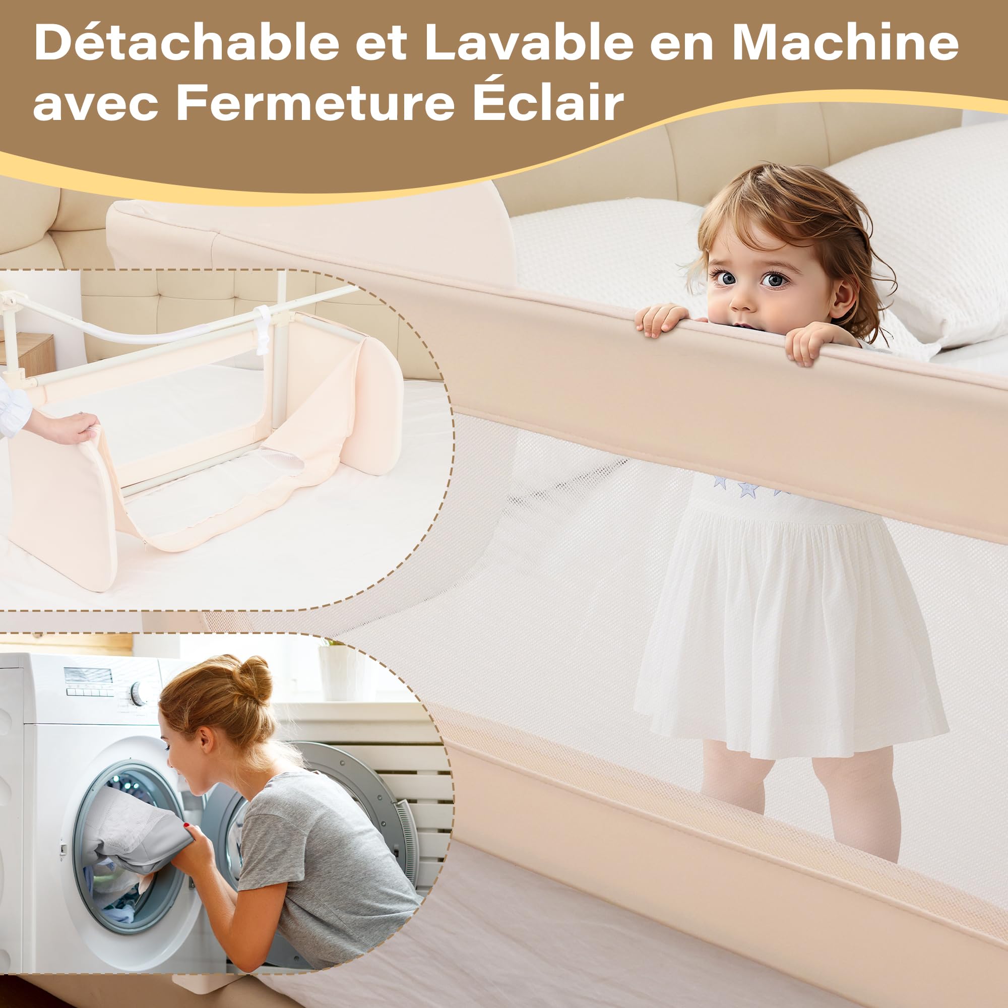 Barriere de Lit Enfant Pliable 2-en-1 185cm avec Sac de Transport, Crème