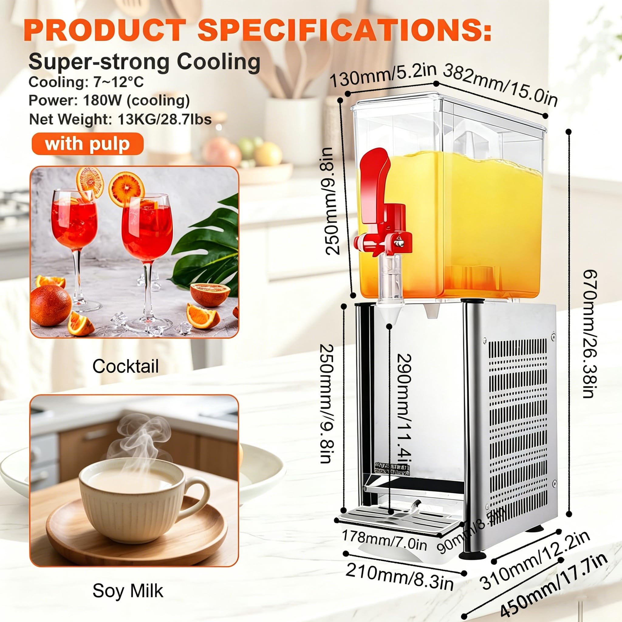 Dispensador de refrescos Industrial de 10L/20L, Máquina de zumos Profesional con agitación, Enfriador para hostelería, Equipamiento para Buffet y hoteles, Mejor dispensador
