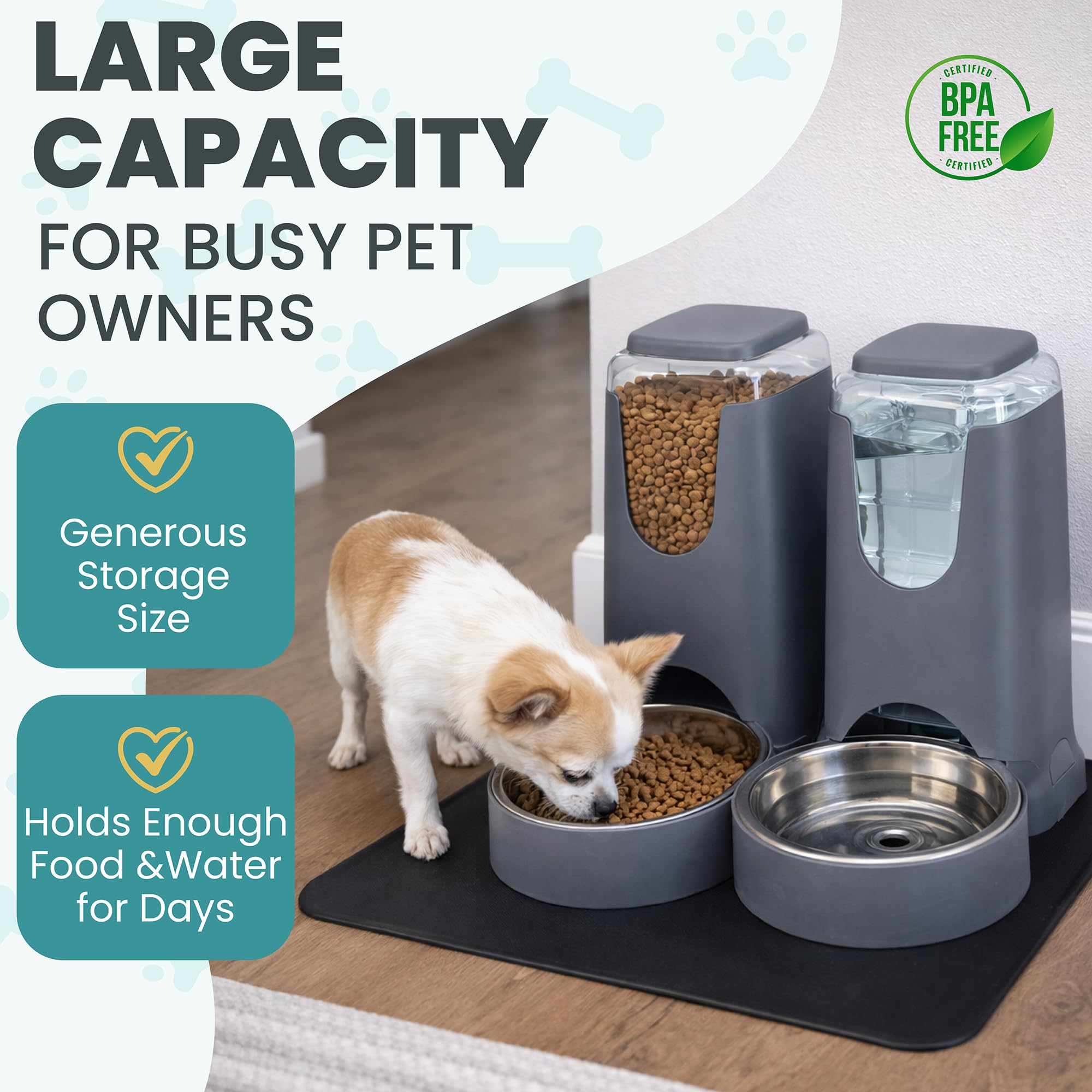 Automatic Cat Feeder 2.8L/4L Water Dispenser Set w/Tray Mat, Gravity Pet Feeder, Large Capacity Non-Spill Cat Water & Food Stainless Steel Bowls, Water Dispenser for Feeding Cats & Dog - image 7