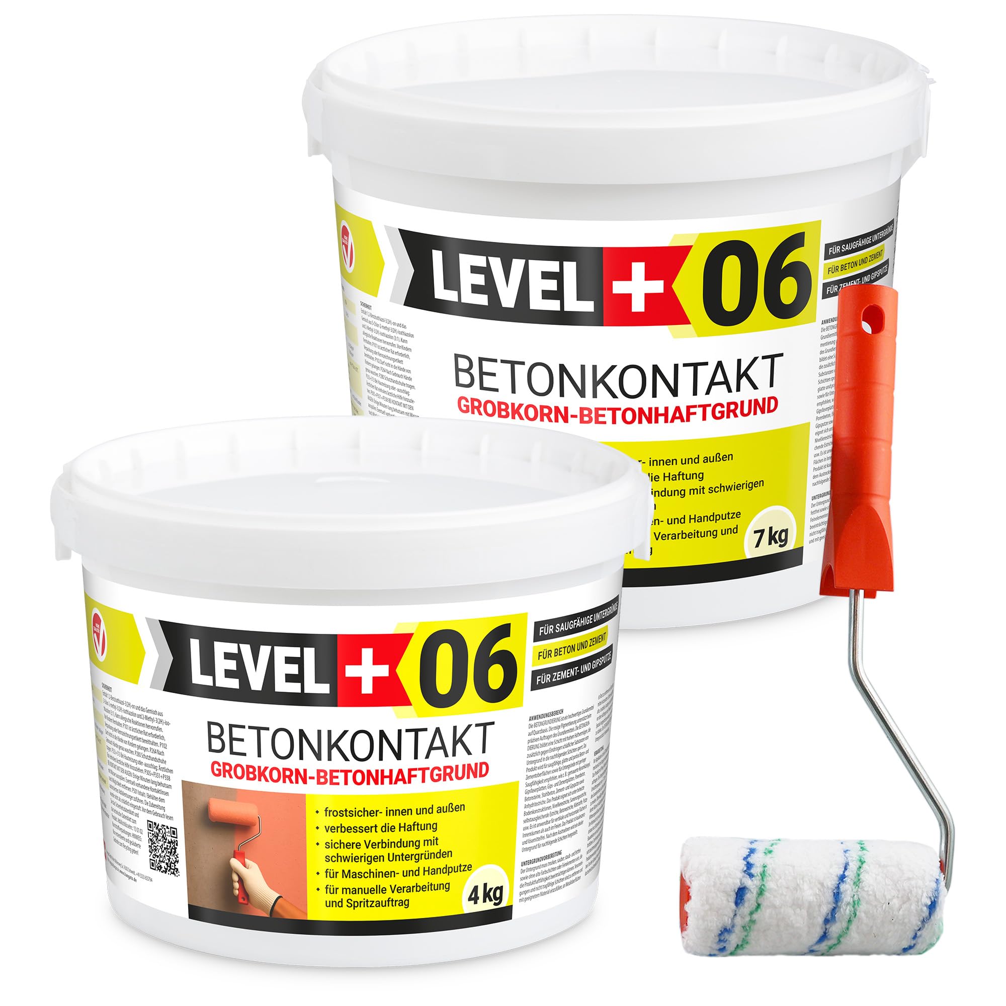 06 Betonkontakt Haftgrund mit Quarzsand für Beton & Keramik - Putzgrund und Haftbrücke für Innen & Außen - Grundierung für saugende und schwach saugende Untergründe - 11kg & Farbroller 10cm