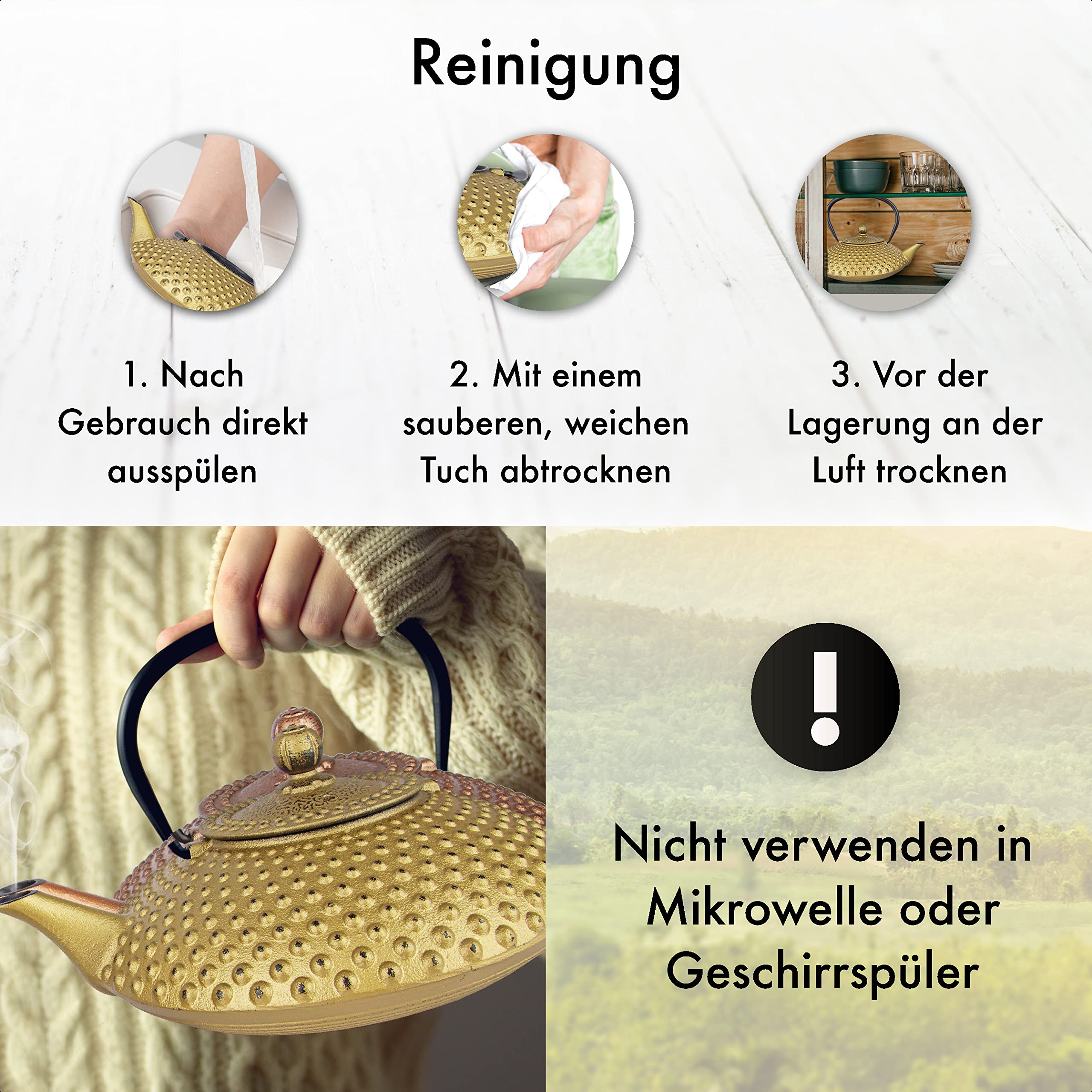 TEEKANNE GUSSEISEN 1,25 Liter | Gusseiserne Teekanne im Japanischen Stil | Gusseisen Teekanne mit Sieb aus Edelstahl | Hervorragende Wärmespeicherfähigkeit | Langlebig | Kambin | Voll Gold