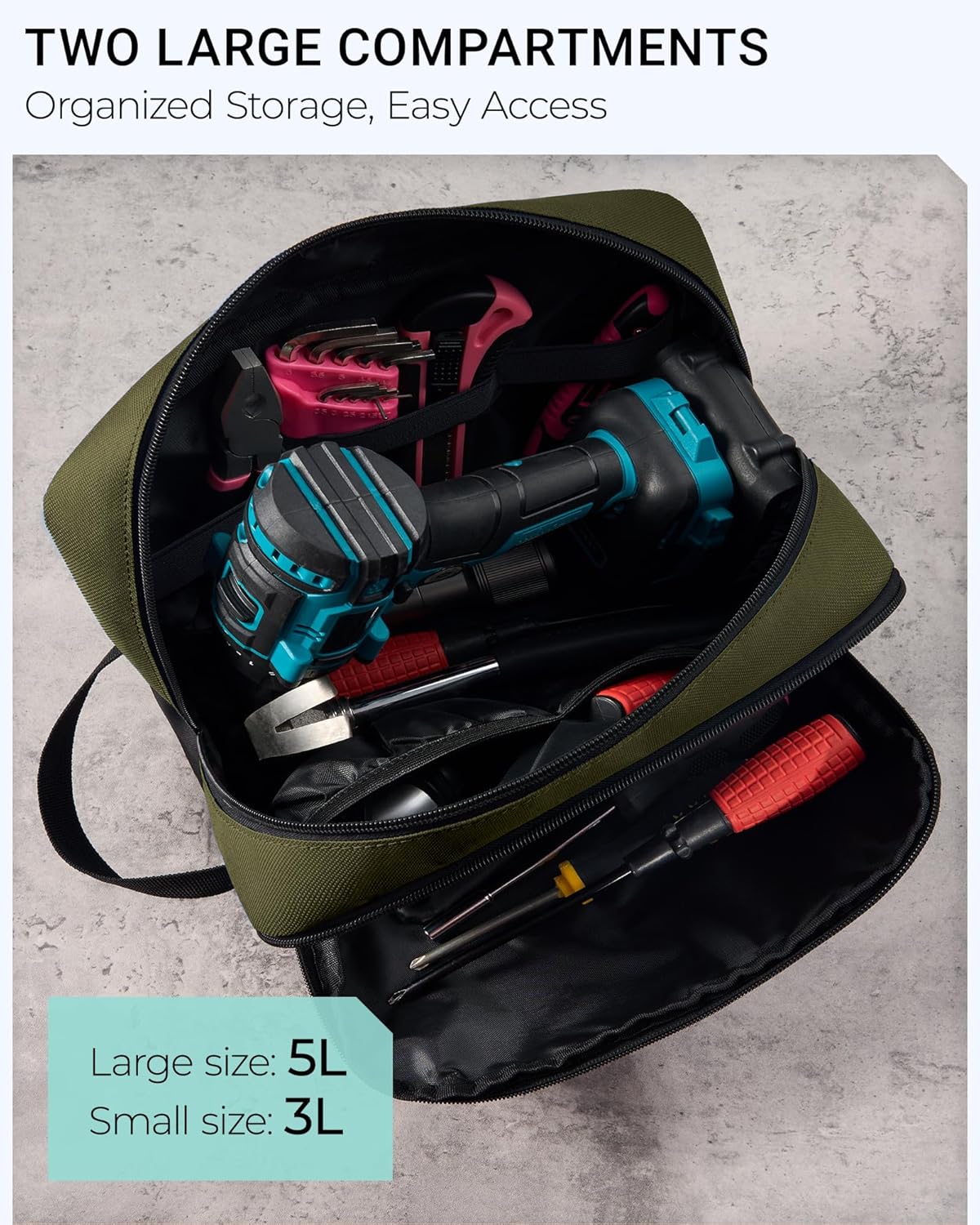 2 Pack Small Tool Bags Zipper Pouch for Organizing, Utility Small Tool Pouch with Multi Pocket Compartments and Adjustable Shoulder Strap, Carabiner & Label Area (12" & 10") - Image 3