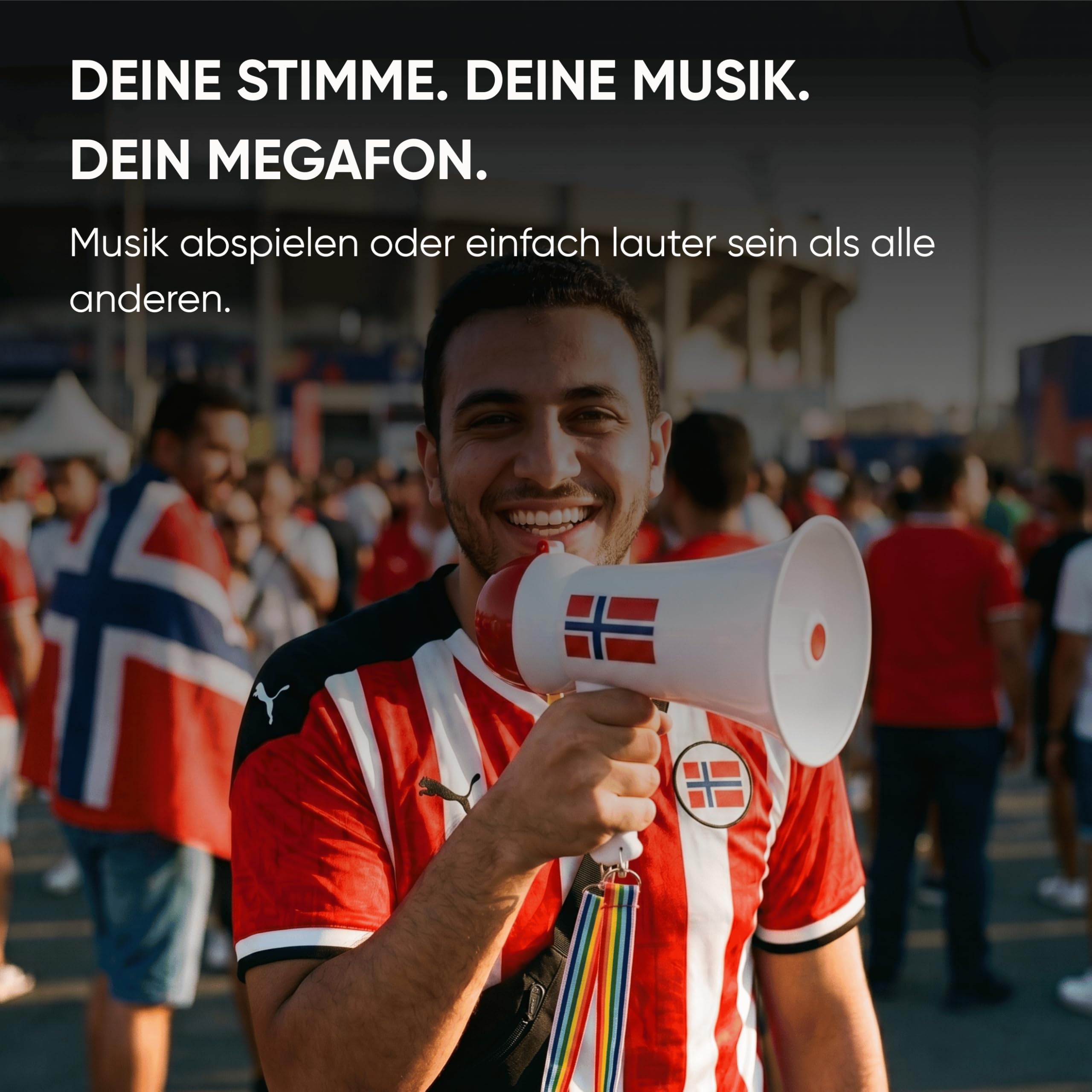 Sonia Originelli Megafon Fan Tröte mit Lautsprecher - Megaphon zum Anfeuern mit Schlaufe für das Handgelenk & Ländersticker WM Fußball