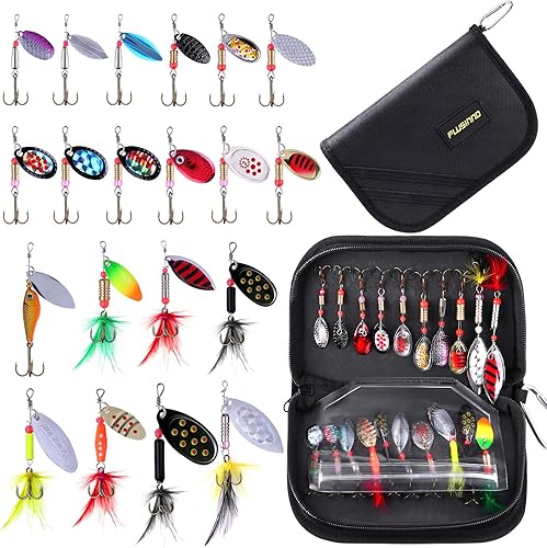 PLUSINNO Señuelos de pesca para Bass 16pcs Spinner señuelos con bolsa de transporte portátil, señuelos de pesca de trucha para cebo de metal duro