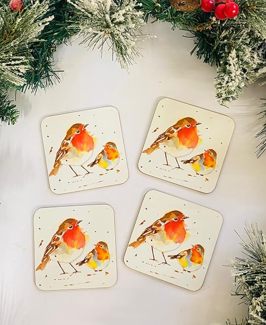 Christmas Robins Cork Coasters Set of 4