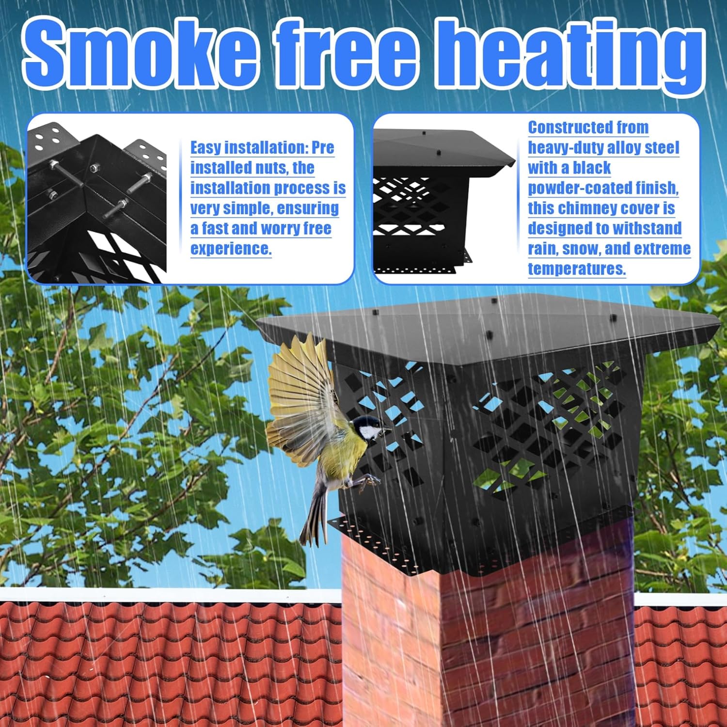 Chimney Cap 13" x 9" Chimney Cover Fireplace Chimney Caps All Weather Chimney Covers Adjustable Bottom and Side Mount Suitable for Outside Existing Clay Flue Tile Sizes Galvanized Steel Black