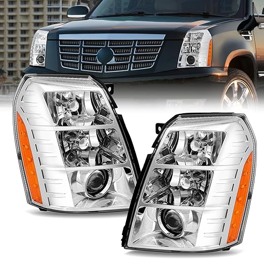 ELH Headlight Assembly Fit For 2007-2014 Cadillac Escalade W/o Ballast W/Bulb Driver And Passenger Side Chrome Housing Amber Reflector