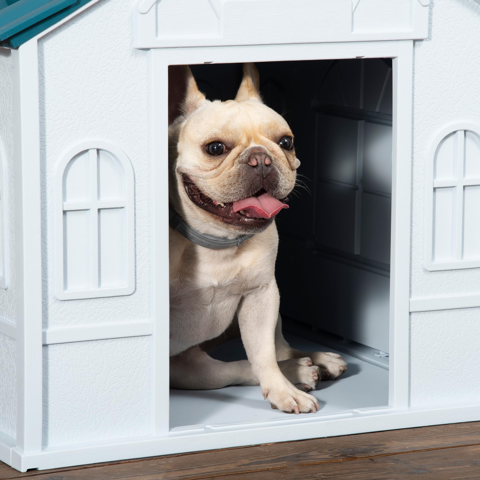 PawHut Niche d'extérieur en PP Blanc pour Chiens de Petite et Moyenne Taille - 65 x 75.7 x 63 cm | PP Imperméable, Toit en Pente, Porte Avant Ouverte, Ouverture d'Aération au-Dessus