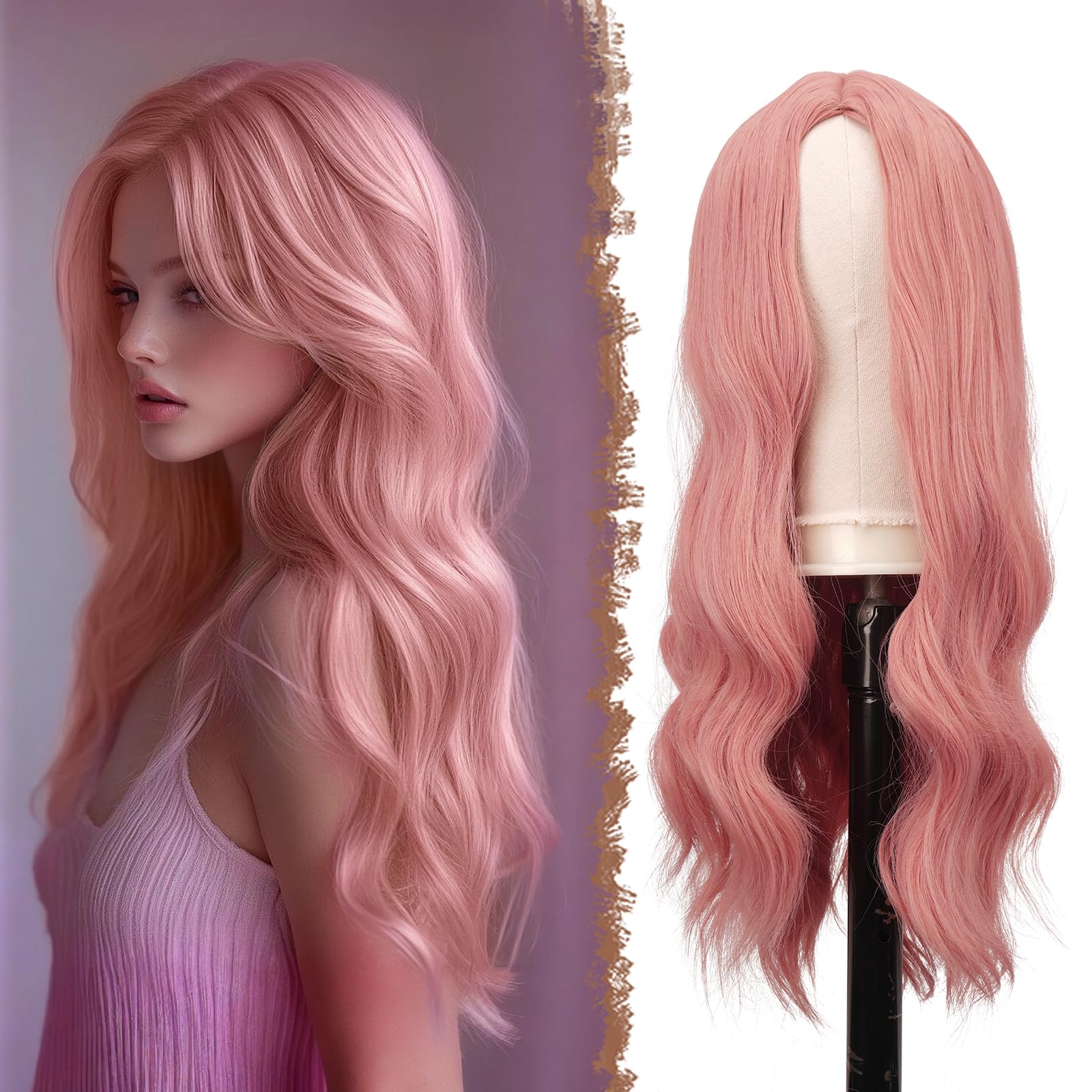 FESHFEN Parrucca Rosa Lunga Ondulé, 60 cm Parrucche Donna Lunghe Sintetici Separazione Centrale Parrucche Uso Quotidiano Festa Parrucca Long Wavy Wig