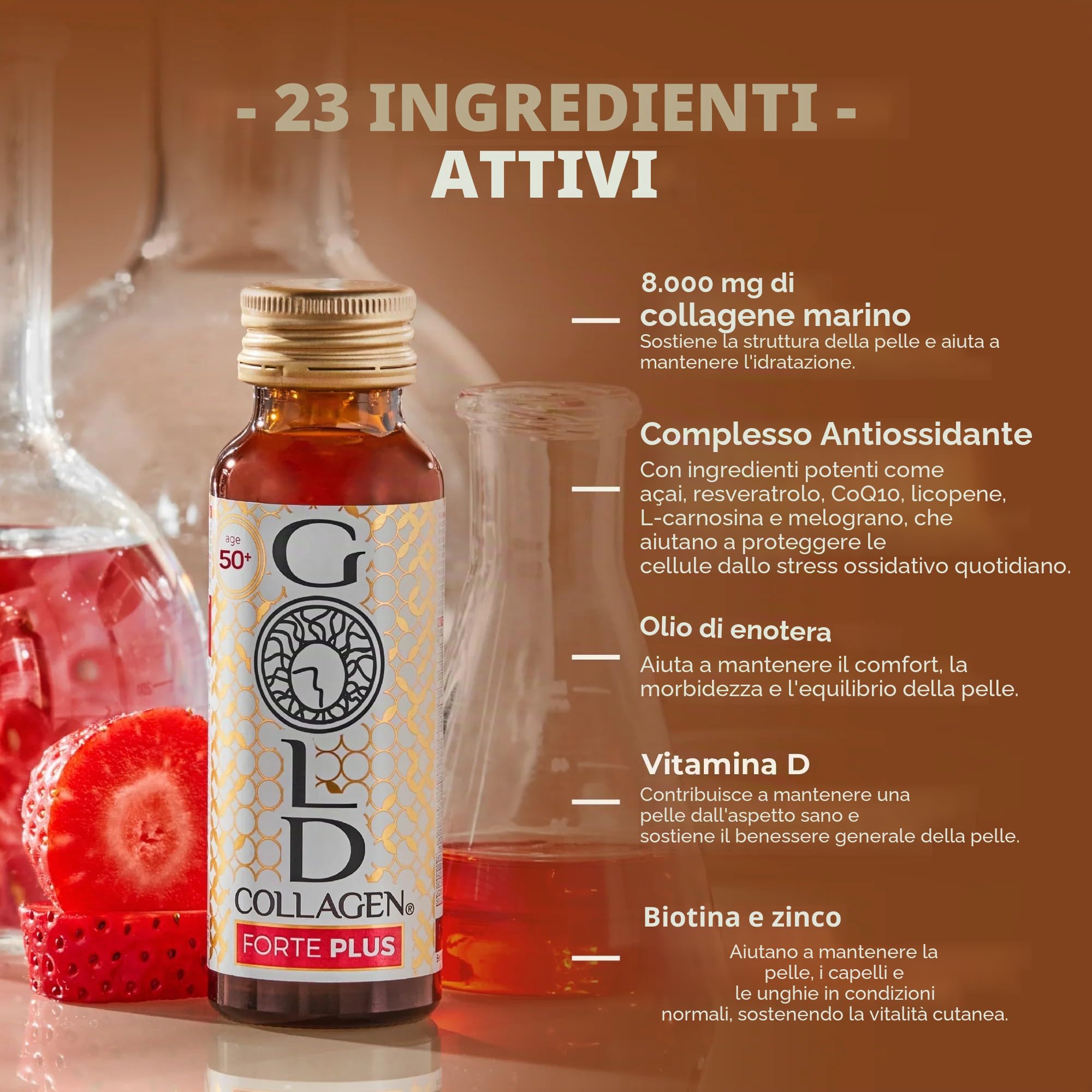 GOLD COLLAGEN New Forte Plus - Integratore con collagene marino idrolizzato e biotina per capelli per pelle e sistema immunitario, vitamina C e acido ialuronico, 1 scatola x 10 bottiglie 50 ml